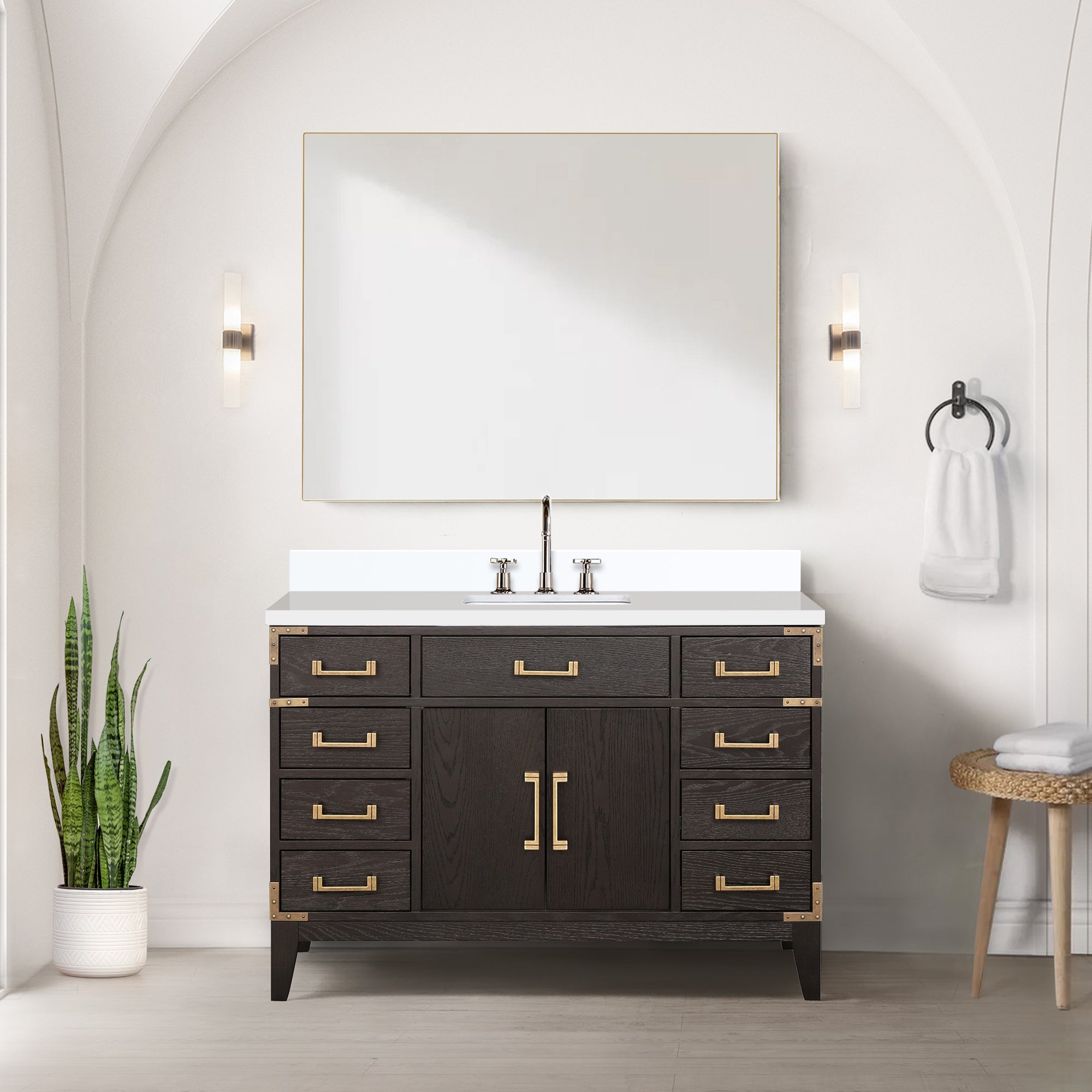 Brown Oak Single Bath Vanity 48 in. W x 22 in. D, Cultured Marble Top, and Faucet Set