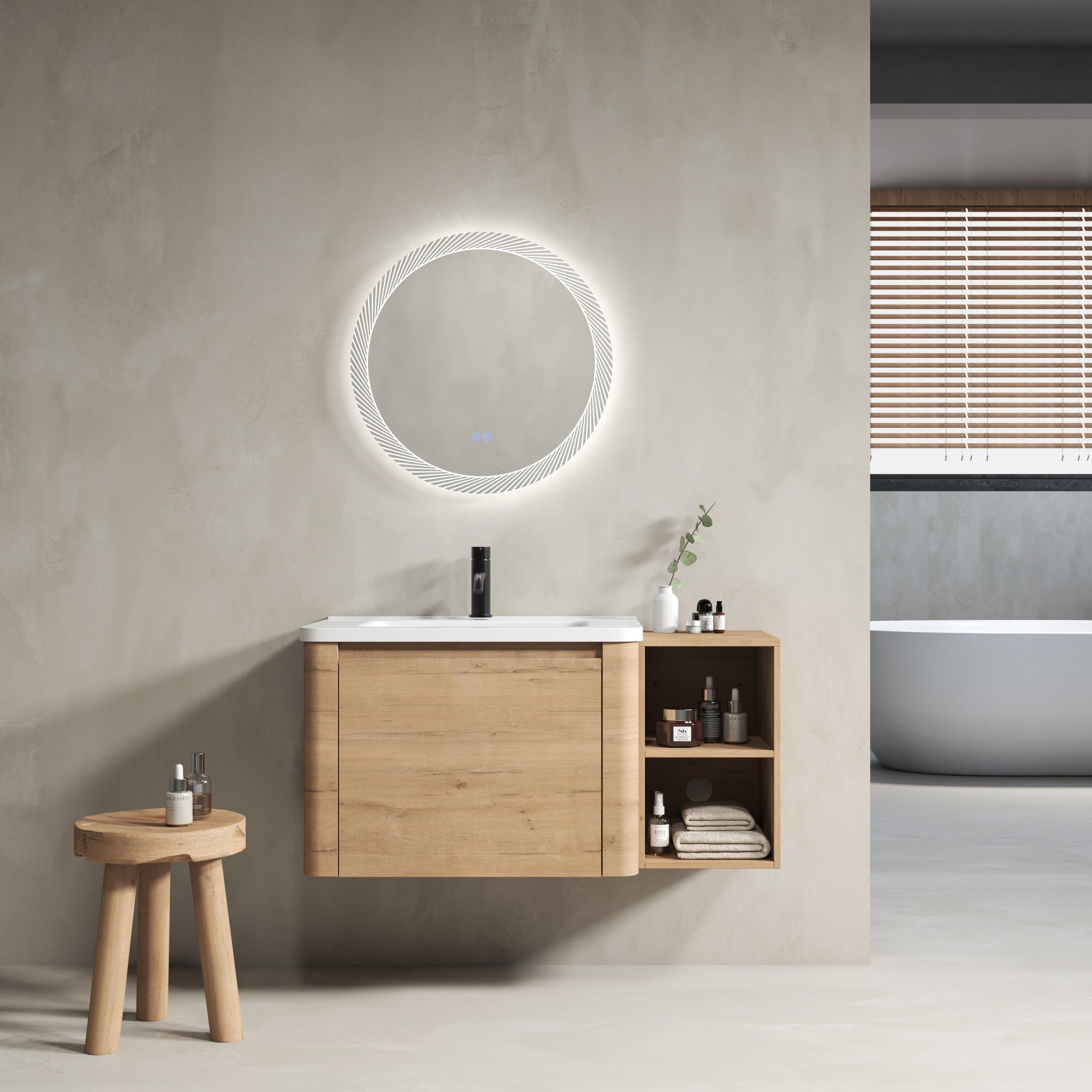 40'' Wall-Mounted Bathroom Vanity with White Ceramic Sink and Storage Shelves & 1-Soft-Close Door, KD-Packing, Plywood