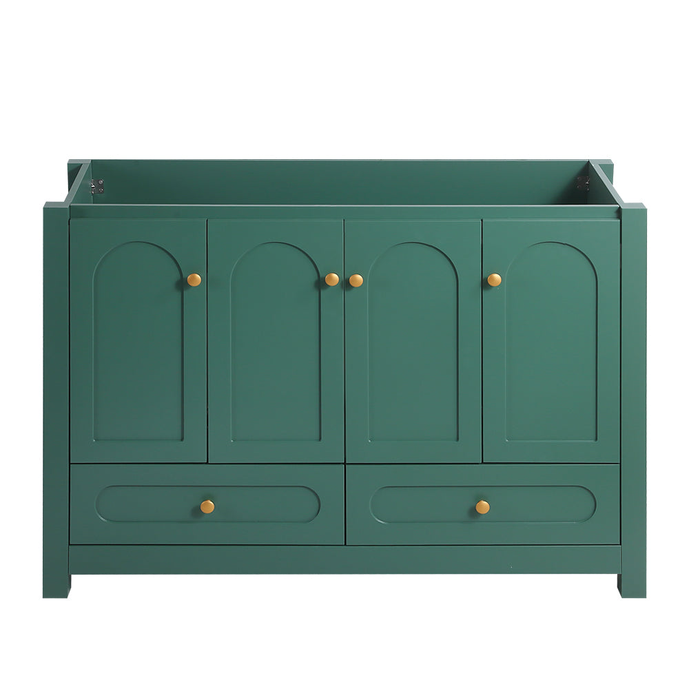 A 48-inch wide green bathroom vanity with ample storage space - a cabinet featuring 4 sliding doors and 2 drawers (excluding the ceramic basin)