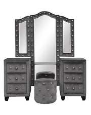 Modern Style Crystal Tufted Upholstery 6-Drawer Vanity Set with Stool, finished with Velvet Fabric made with Wood in Gray(CA inventory)