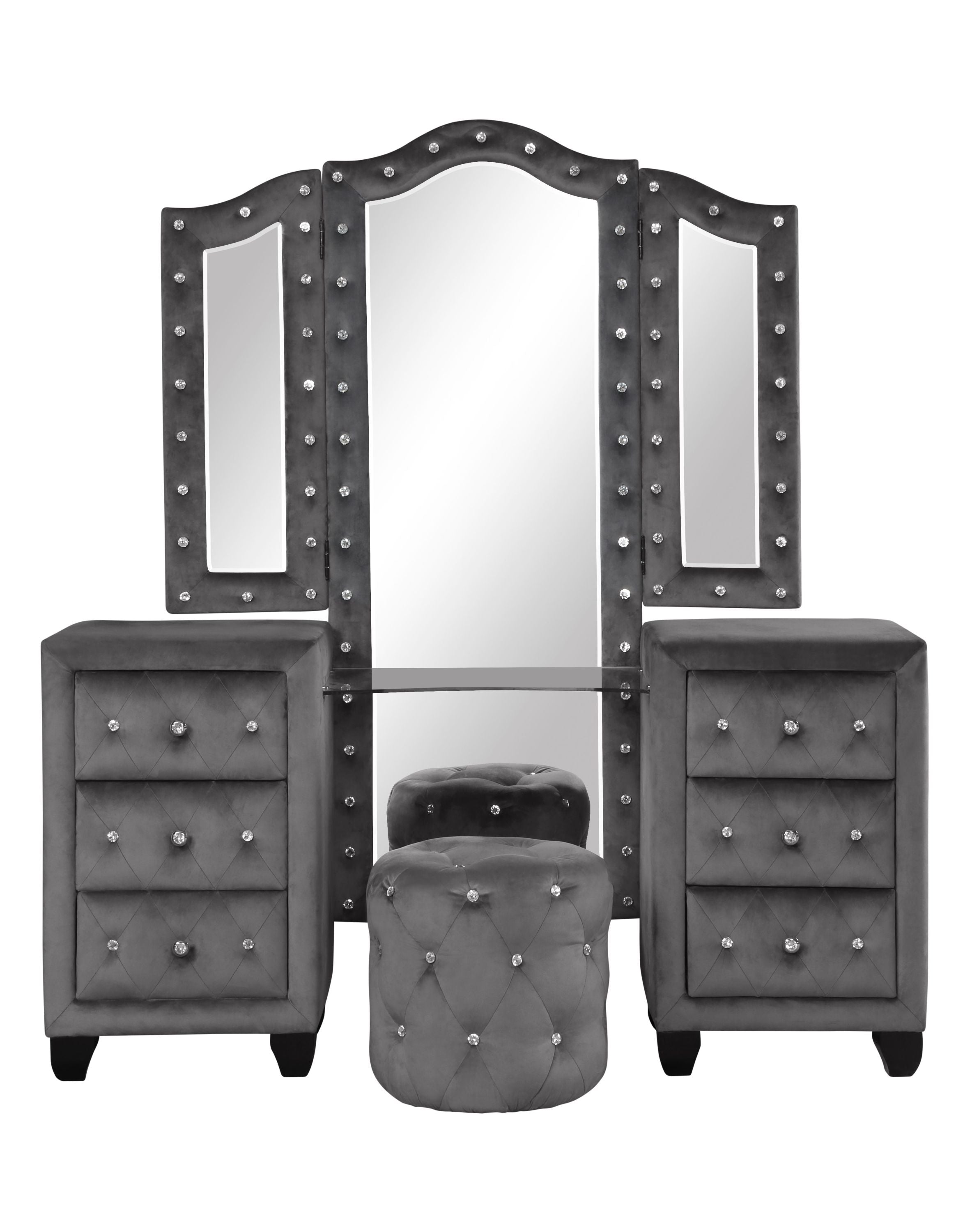 Modern Style Crystal Tufted Upholstery 6-Drawer Vanity Set with Stool, finished with Velvet Fabric made with Wood in Gray(CA inventory)