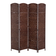 6' Tall Wicker Weave 4 Panel Room Divider Privacy Screen - Brown