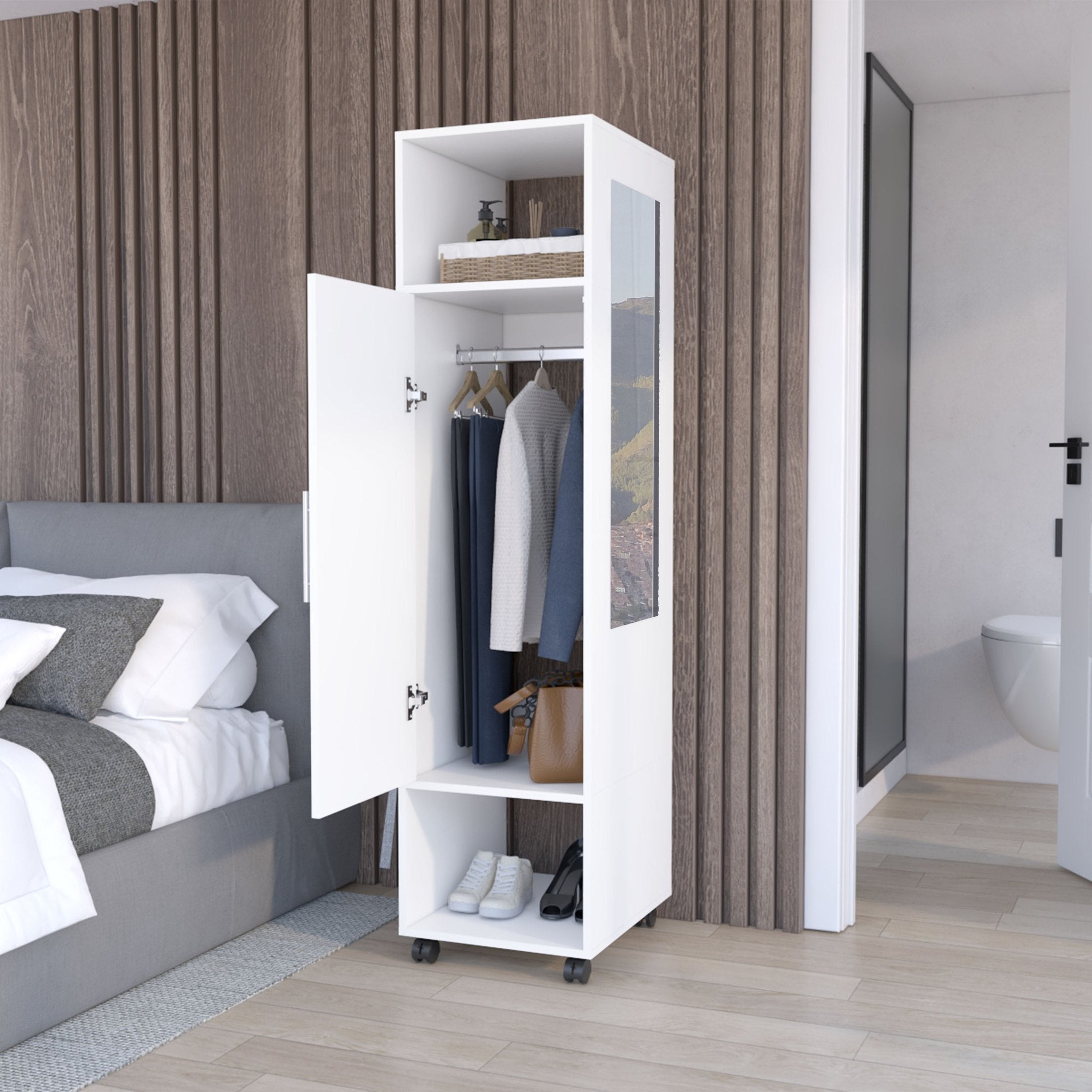 Cluster 63' Tall  Wardrove One-Door Cabinet with Mirror, Three Shelves, Casters and Hanging Rod, Armoire, Bedroom Clothes Storage, Cabinet Organizer