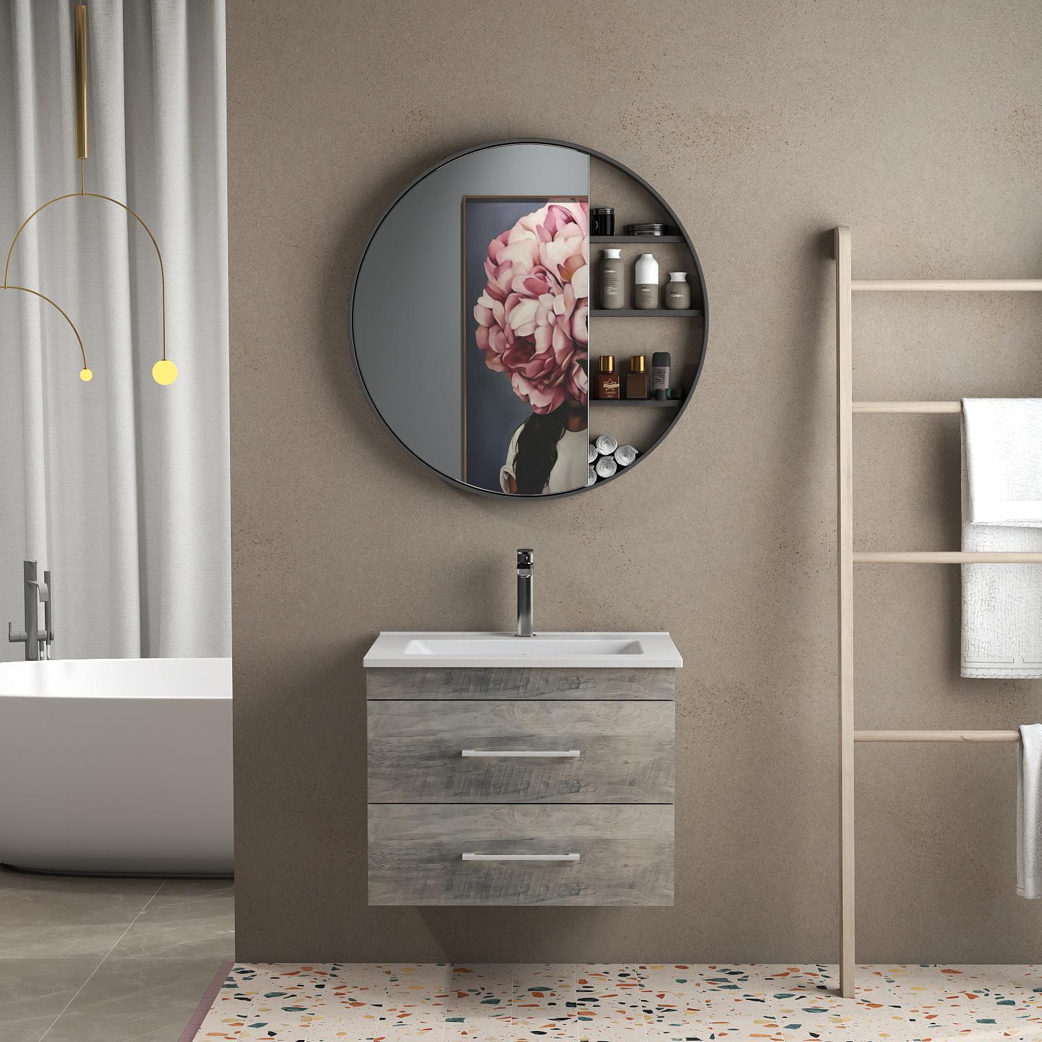 24-Inch Grey Wood Grain Wall-Mounted Bathroom Vanity with Double Drawers, Soft-Close System,White Ceramic Sink,  – Create a Modern and Minimalist Bathroom Space!