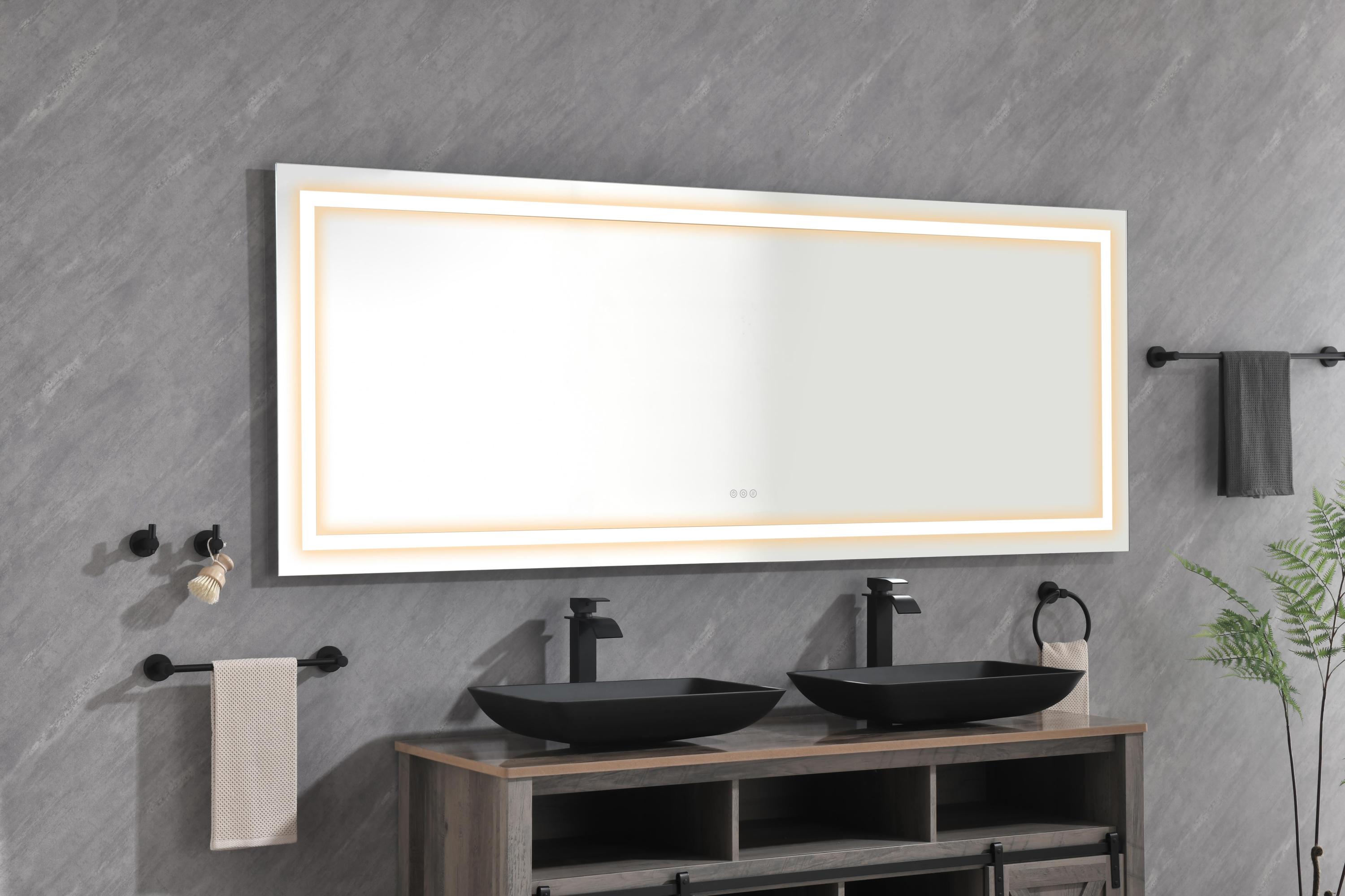 72' x 30' LED Bathroom Mirror with Front and Backlight, Wall Mounted Vanity Mirror, Anti-Fog, Memory, 3 Colors, Stepless Dimmable