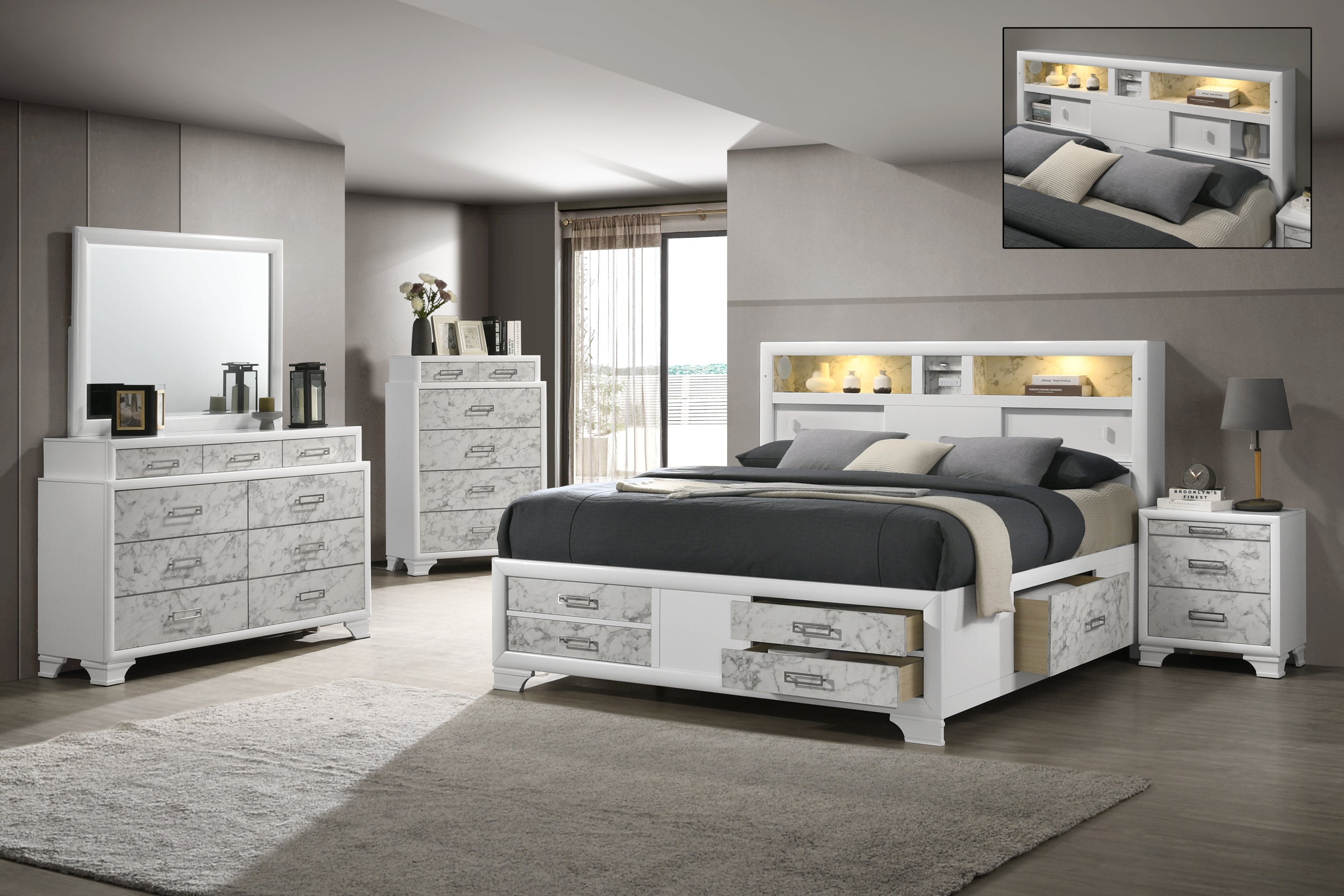 Soul Modern Style King 5PC Bedroom Set Made with wood in White(NJ Inventory)