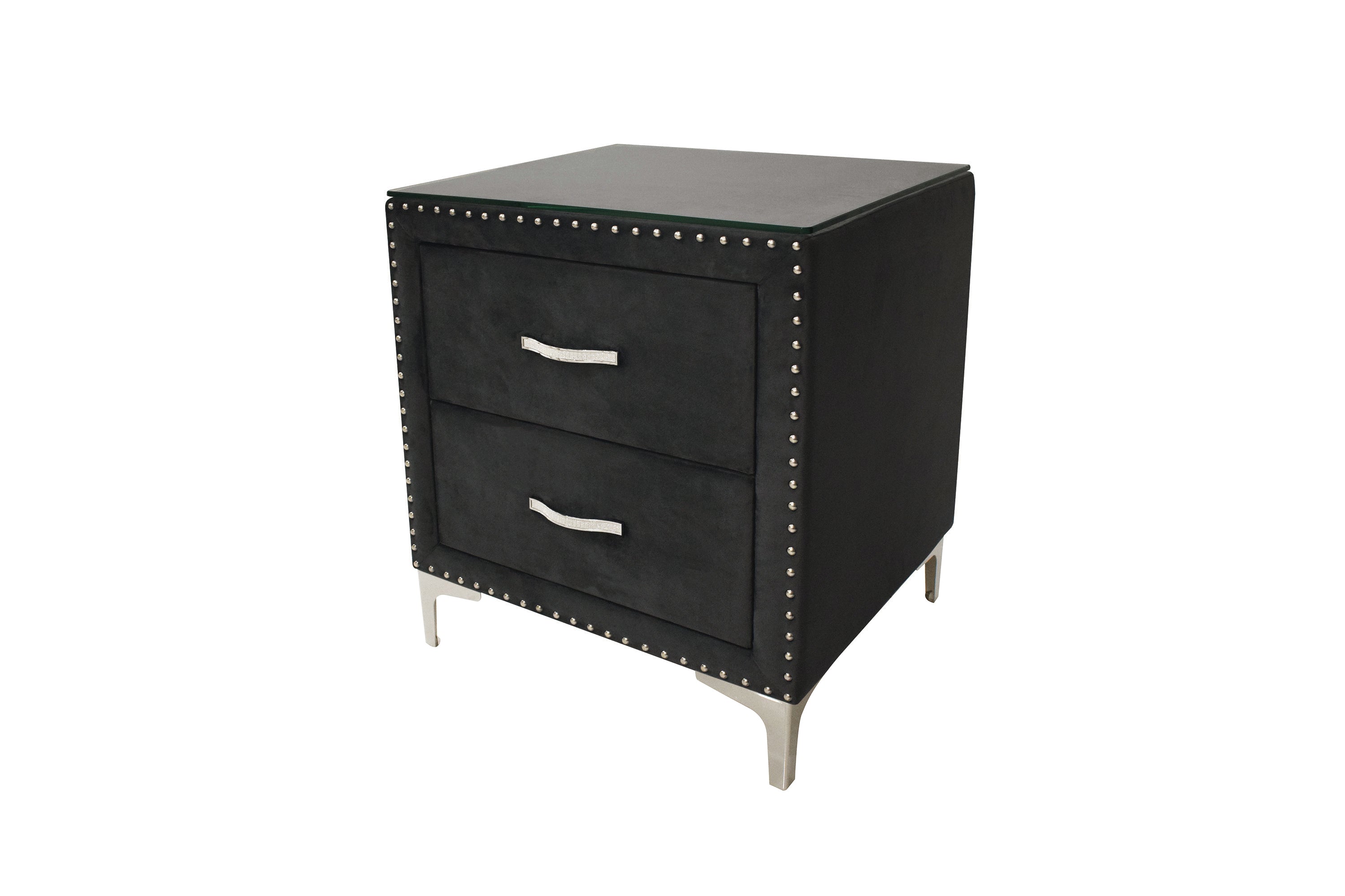 1pc Glam Style Two Drawers Nightstand Fabric Upholstered Nailhead Tufted Tempered Glass Wood Metal Fabric Bedroom Furniture