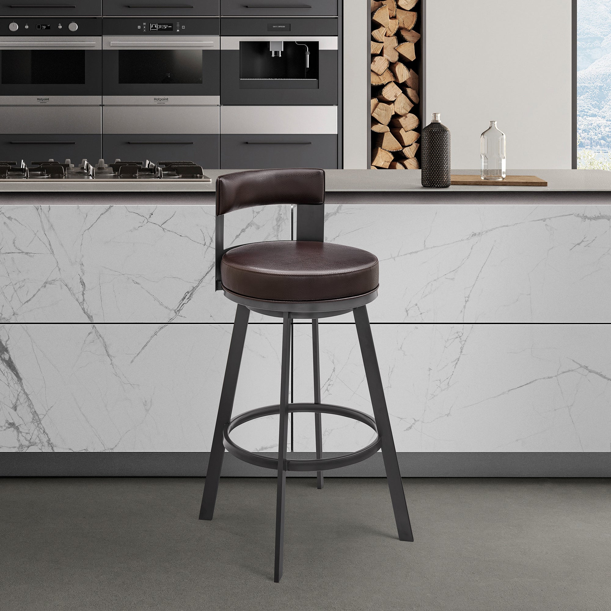 Flynn 30' Swivel Bar Stool in Brown Metal with Brown Faux Leather