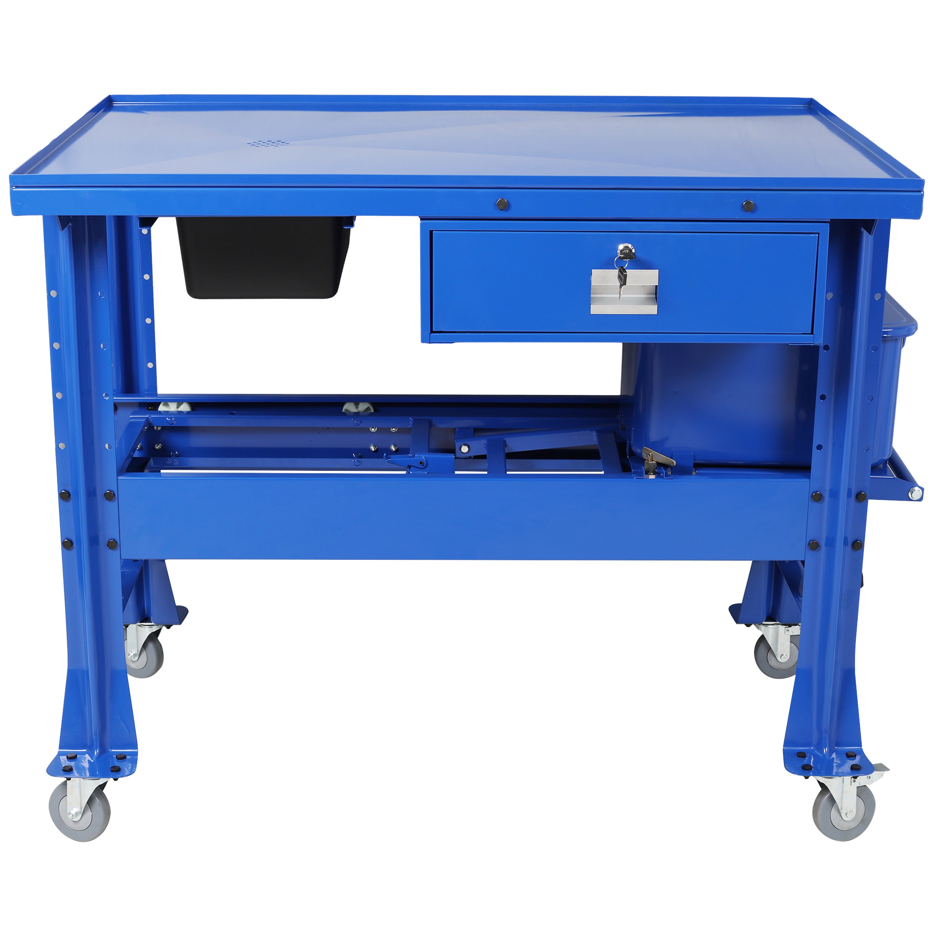 Premium Mobile Tear Down Table with 3.5 Gallon Part Washer and 110v Pump in Blue Steel with Drawer and Drain Tray