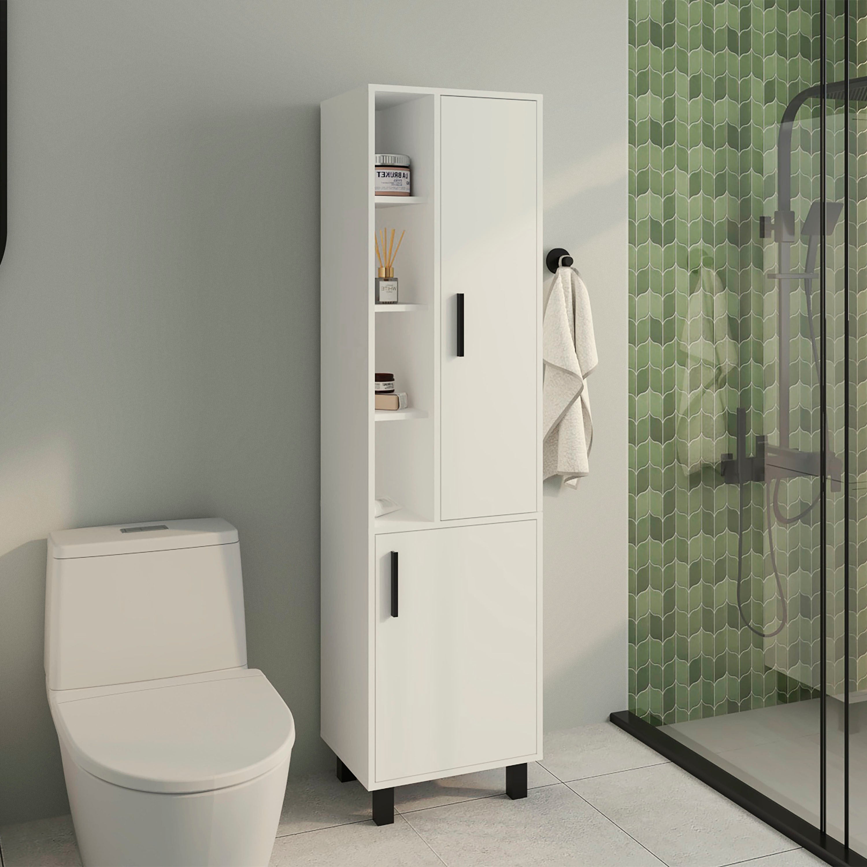 Storage Cabinet, 2 Doors, 9 Shelves, 4 Legs, White