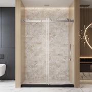 Frameless Single sliding shower door  56-60 'W x 76' H, 1/4 '(6 mm) Clear Tempered Glass, Explosion Proof Film, Stainless Steel Handle Square Tube Track  Brushed Nickel