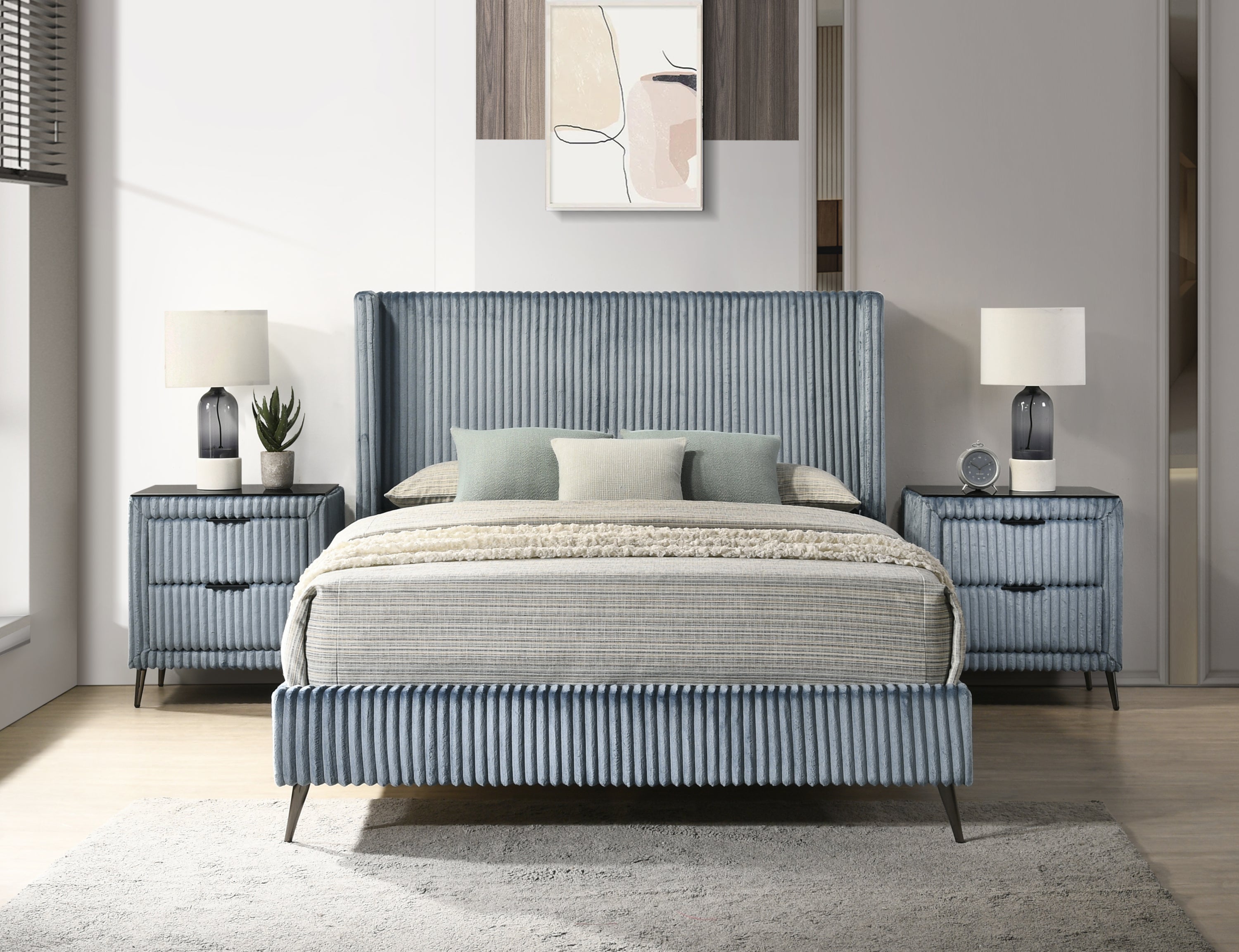 Mavela Wide Wale Corduroy Upholstery Panel Queen Bed with 2 Nightstands, Blue