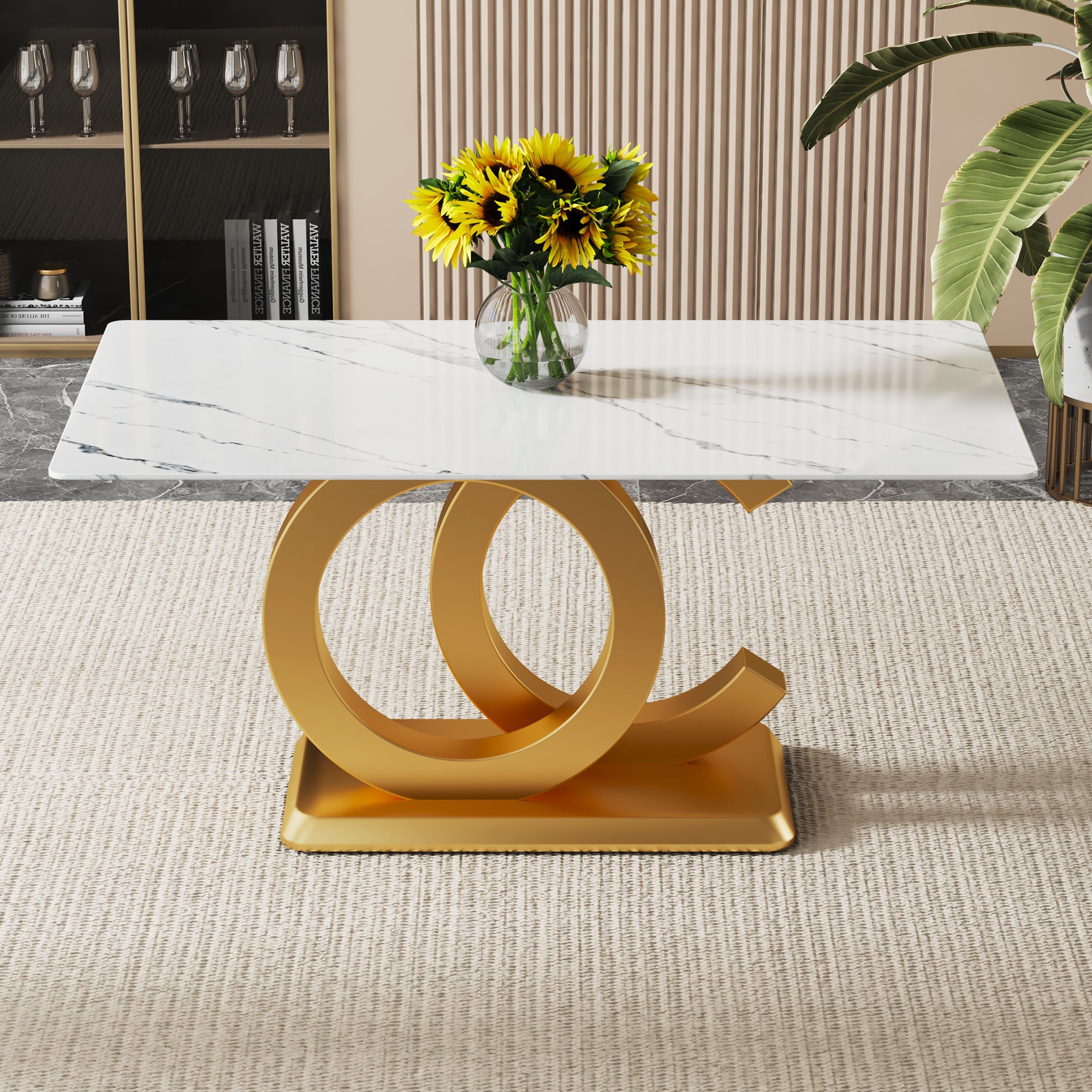 A large modern minimalist rectangular dining table suitable for 6-8 people, equipped with gold MDF OC shaped brackets and aureate base, suitable for kitchen, living room, dining room.W1151S00766