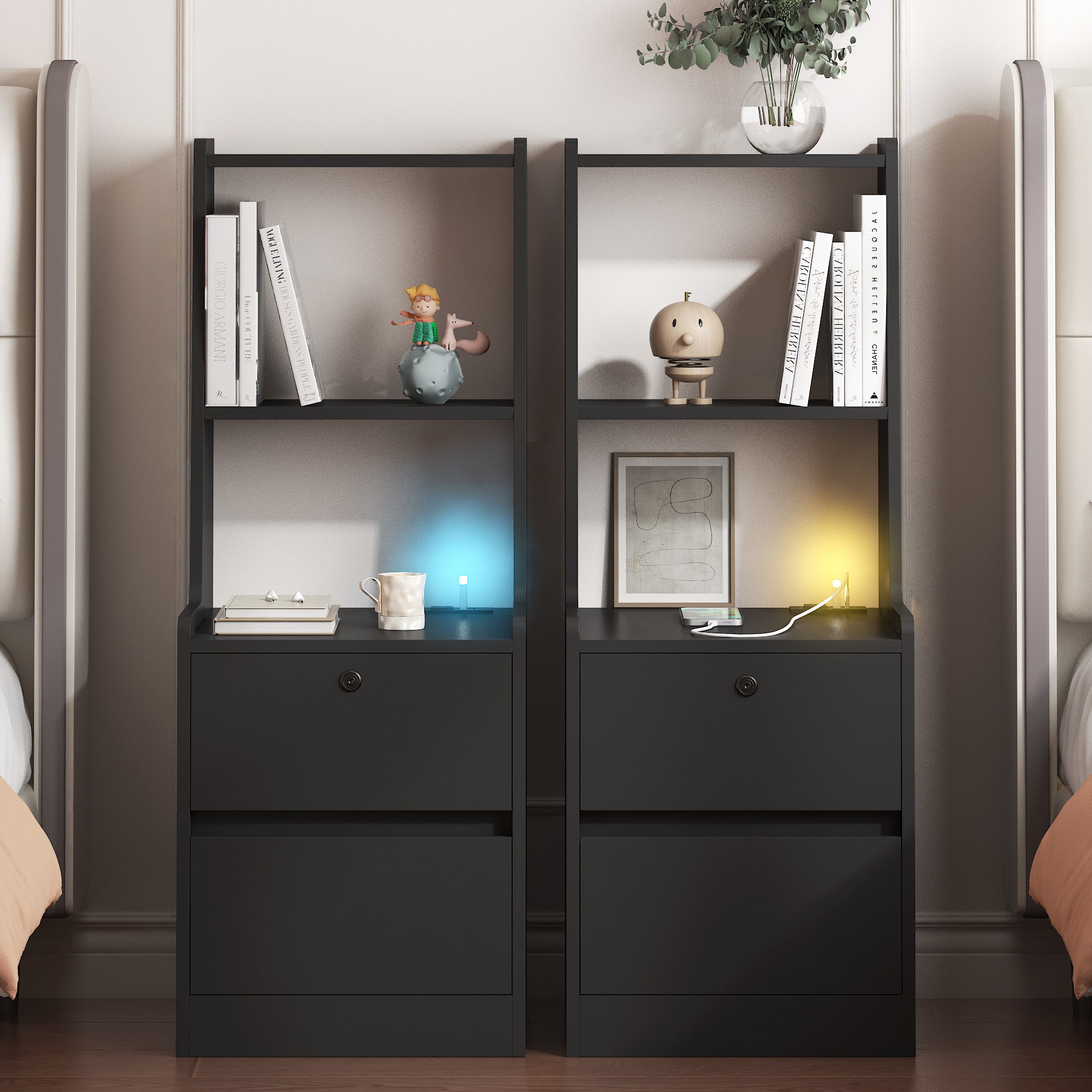 Nightstands Set of 2, with Charging Station, Smart Nightstand with Night Light, Modern Night Stand with Bookshelf, Bedside Tables with Storage Cabinet for Bedroom, Black