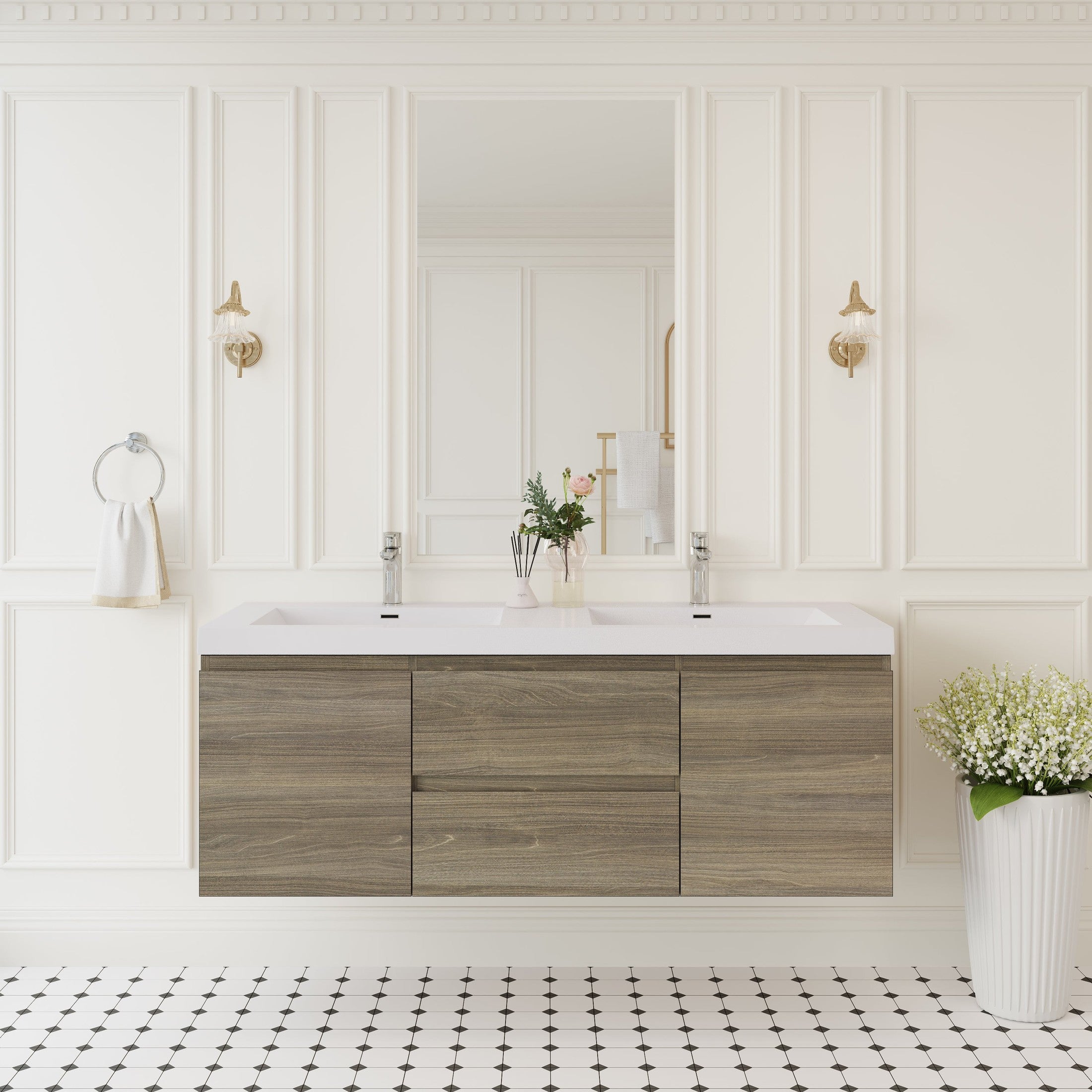 60' Floating Bathroom Vanity with Sink, Modern Wall-Mounted Bathroom Storage Vanity Cabinet with Solid Surface Top Basin, Two Sinks and Soft Close Drawers, Ash Grey 24V11-60DAG
