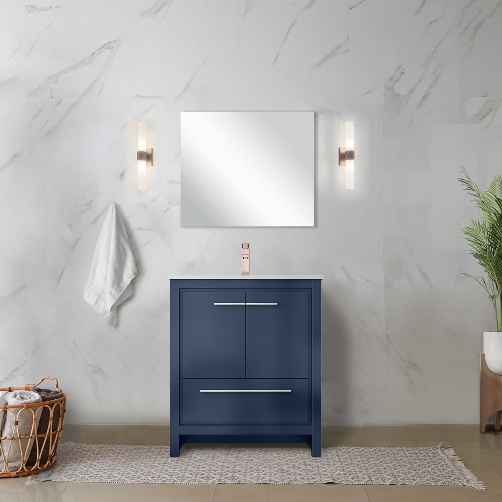 Navy Blue Bath Vanity 30 in. W x 20 in. D, Cultured Marble Top and Rose Gold Faucet Set