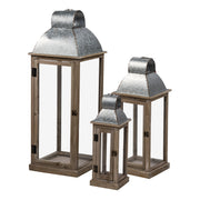 Set of 3, Silver and Natural Wood Lanterns, L:11x11x32'   M:8.5x8.5x23'  S:6x6x17'