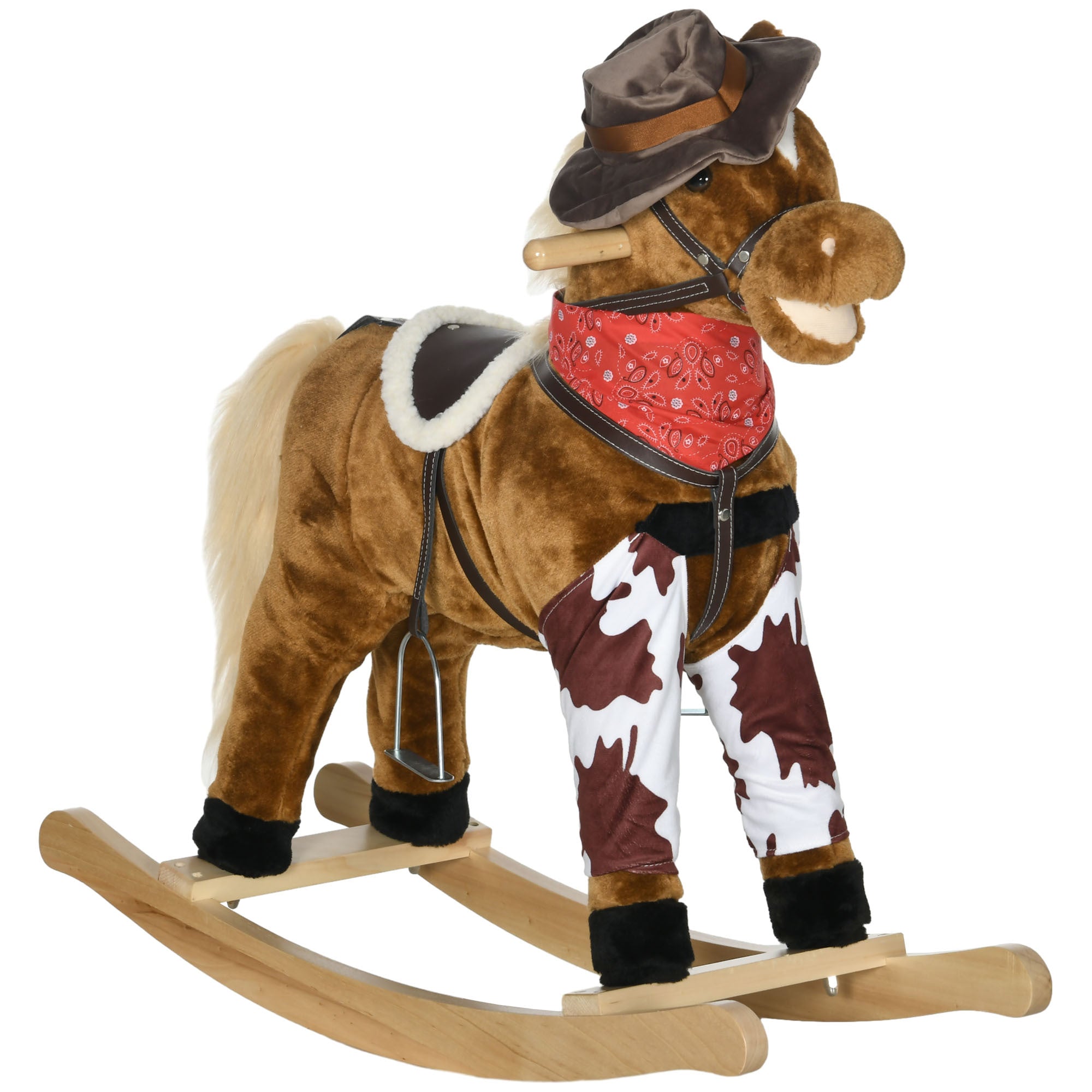 Qaba Baby Rocking Horse, Large Riding Horse, Plush Animal Rocker with Realistic Sound, Saddle, Toy for Boy Girl Ages 3-8 Years Old, Brown