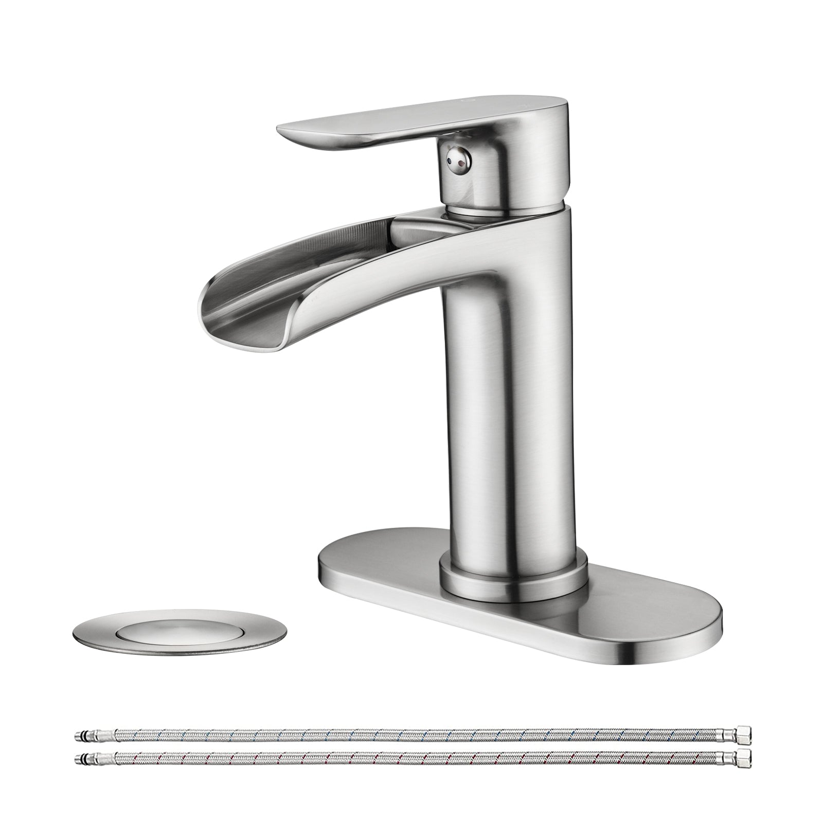 Waterfall Bathroom Faucet Single Handle Bathroom Sink Faucets 1 or 3 Hole Solid Vanity Faucet with Deck Plate & Overflow Pop Up Drain Brushed Nickel