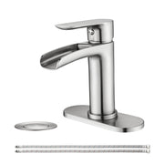 Waterfall Bathroom Faucet Single Handle Bathroom Sink Faucets 1 or 3 Hole Solid Vanity Faucet with Deck Plate & Overflow Pop Up Drain Brushed Nickel