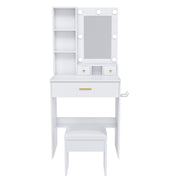 White Vanity Table with Mirror, Adjustable LED Lights, Power Outlet, Hairdryer Holder & Stool – Compact Dressing Desk for Small Bedrooms