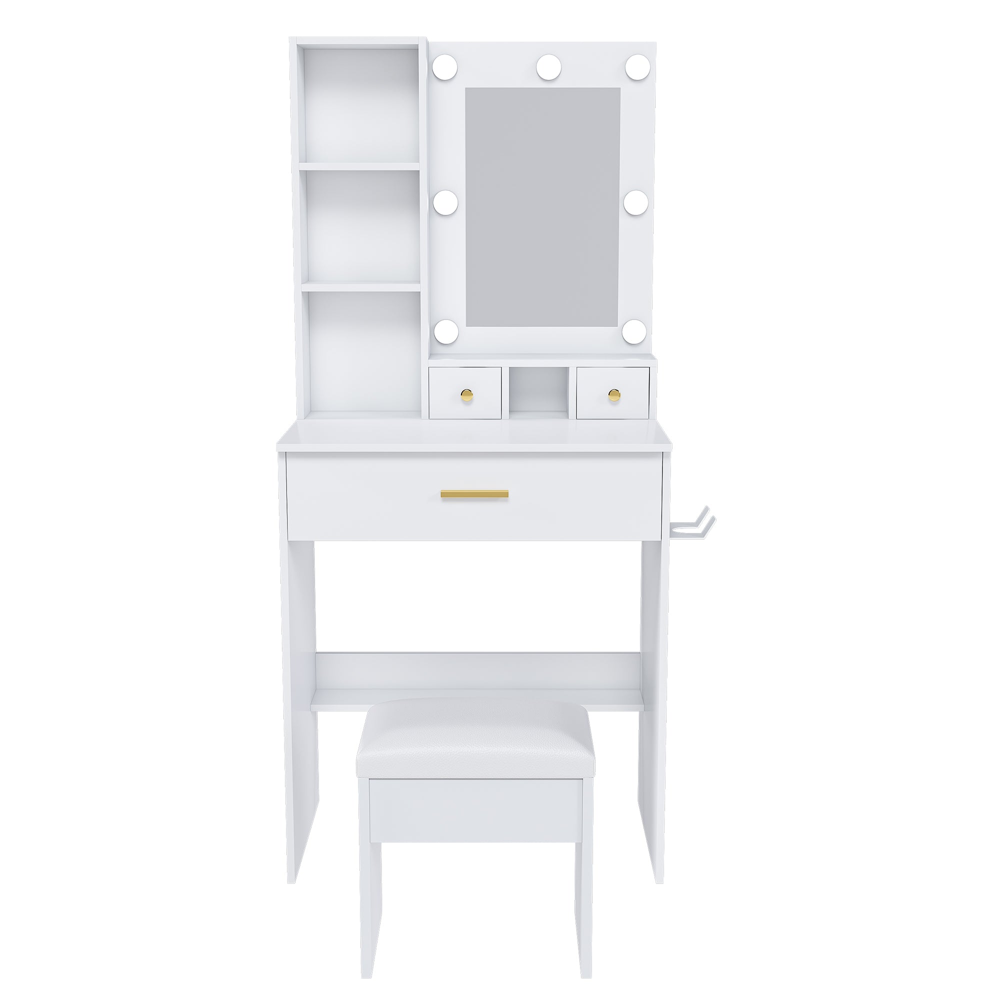 White Vanity Table with Mirror, Adjustable LED Lights, Power Outlet, Hairdryer Holder & Stool – Compact Dressing Desk for Small Bedrooms
