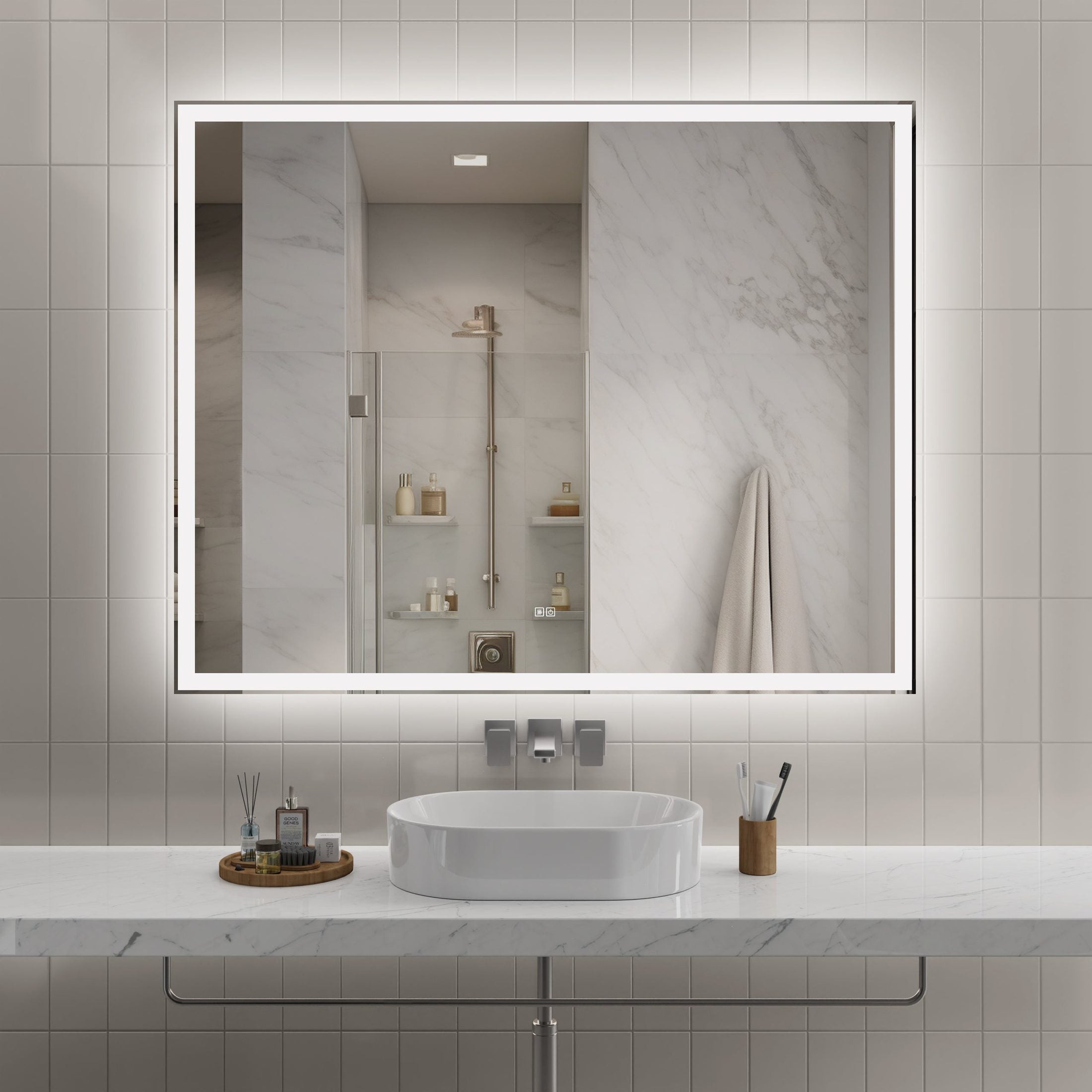 60'x48' Modern LED Smart Mirror with Hiden Light Bathroom Mirror, Front Lit & Back Lit With 3 Color Adjustable, Memory Function, Anti-Fog, Time Mode Control