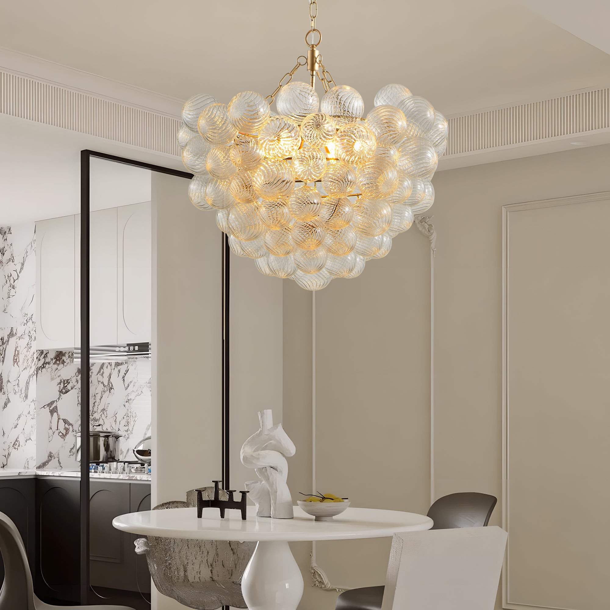 23.6-Inch Gold Pendant Light Chandelier with Threaded Clear Glass Globe Shade – Adjustable Height, Ideal for Living Room, Dining Room, Kitchen (No Bulbs)