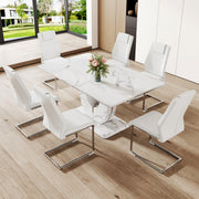 Table and chair set.Marble Pattern MDF Dining Set - 63'x37' with 6 White PU Chairs.White Textured Marble Pattern Sticker,MDF,Silver Metal Chair Legs.Suitable for restaurants, living rooms, kitchens.