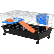 PawHut 35'L Small Animal Cage, Rolling Bunny Cage, Guinea Pig Cage with Food Dish, Water Bottle, Hay Feeder, Platform, Ramp for Ferret Chinchilla, Black