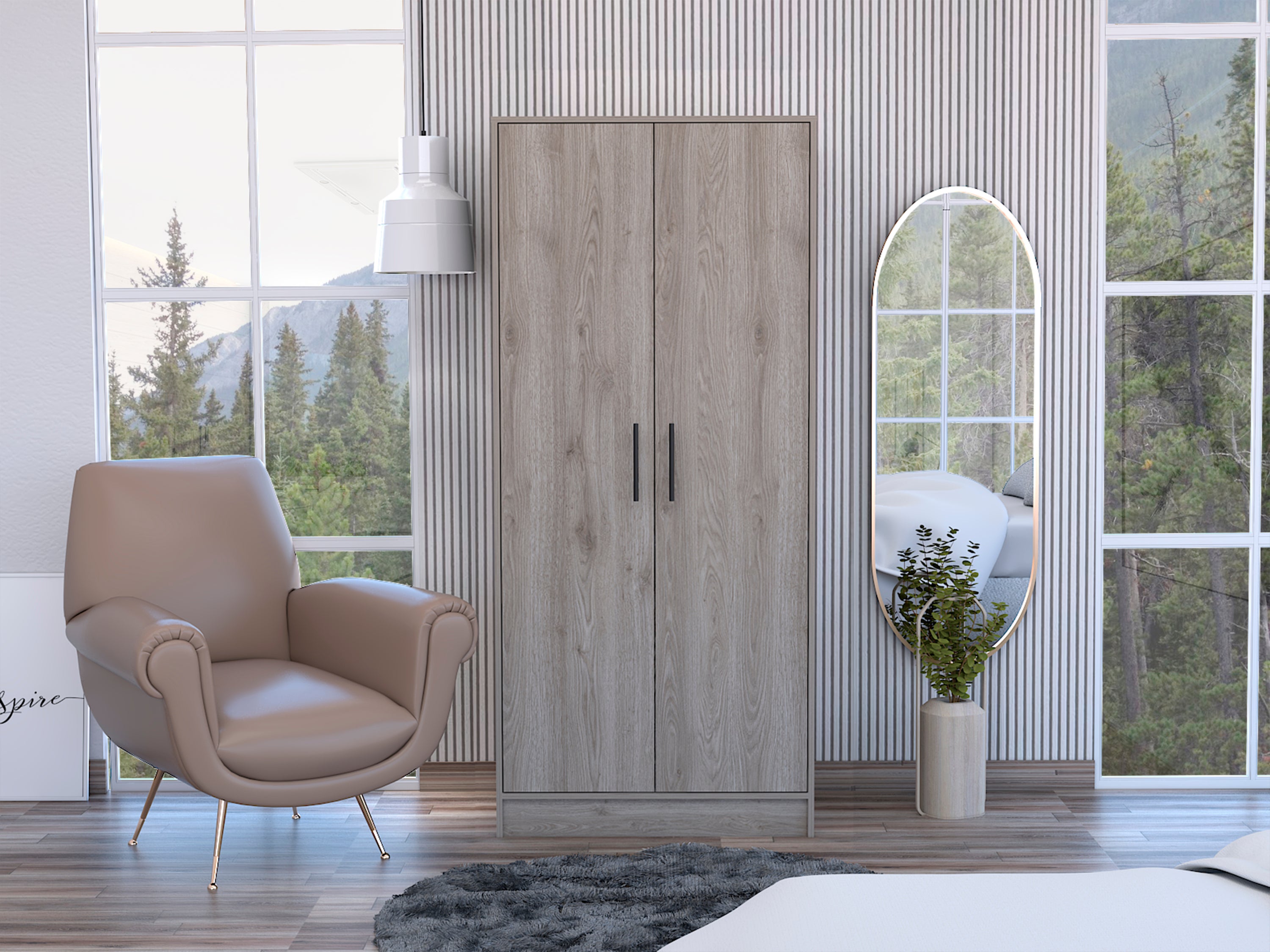 Armoire, Double Door Cabinets, Metal Rod, Metal Handle, Two Shelves, One Drawer, Light Gray