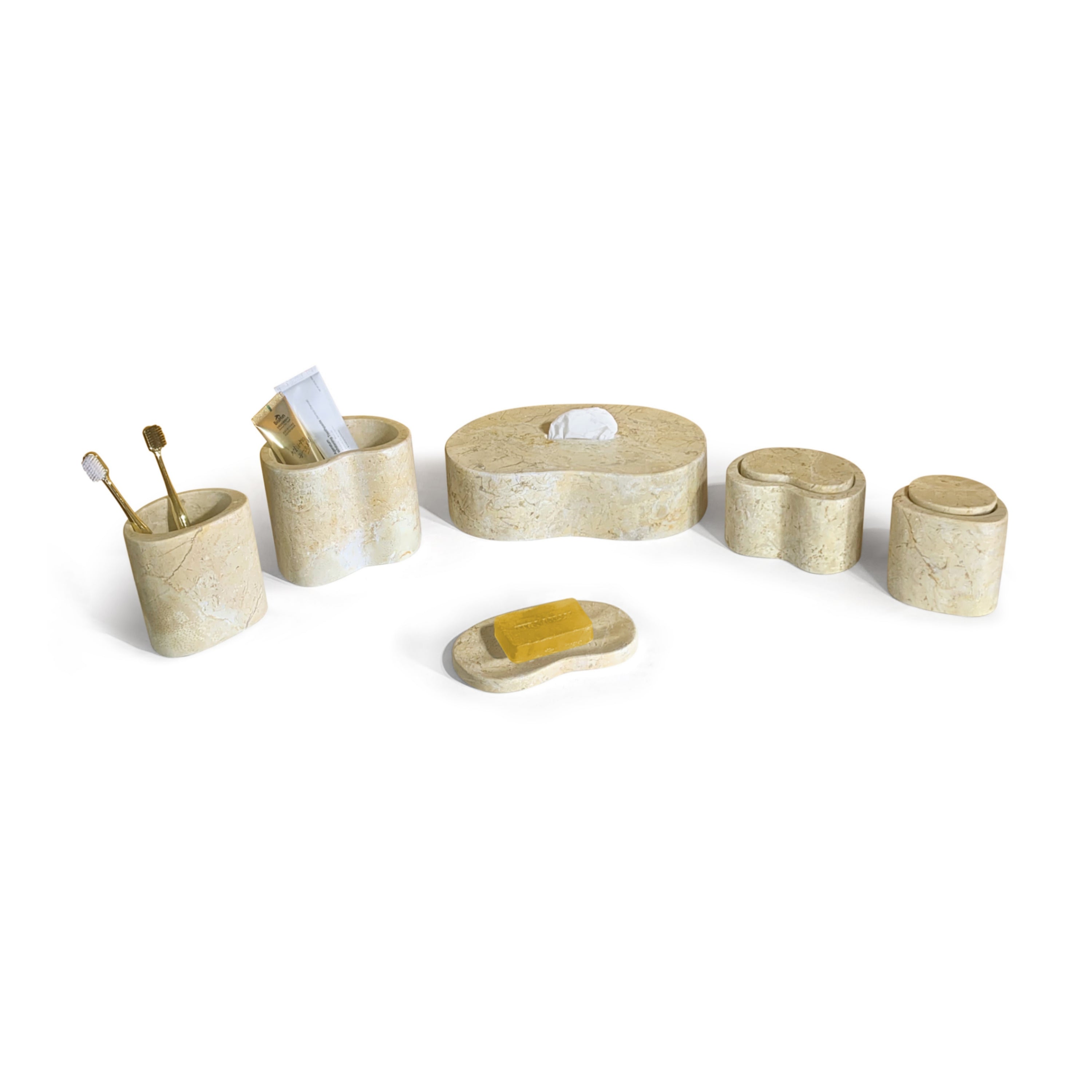Glod Yellow Beige Natural Marble Bathroom Accessories Set, Genuine Marble, Real Stone, 6-Piece Set