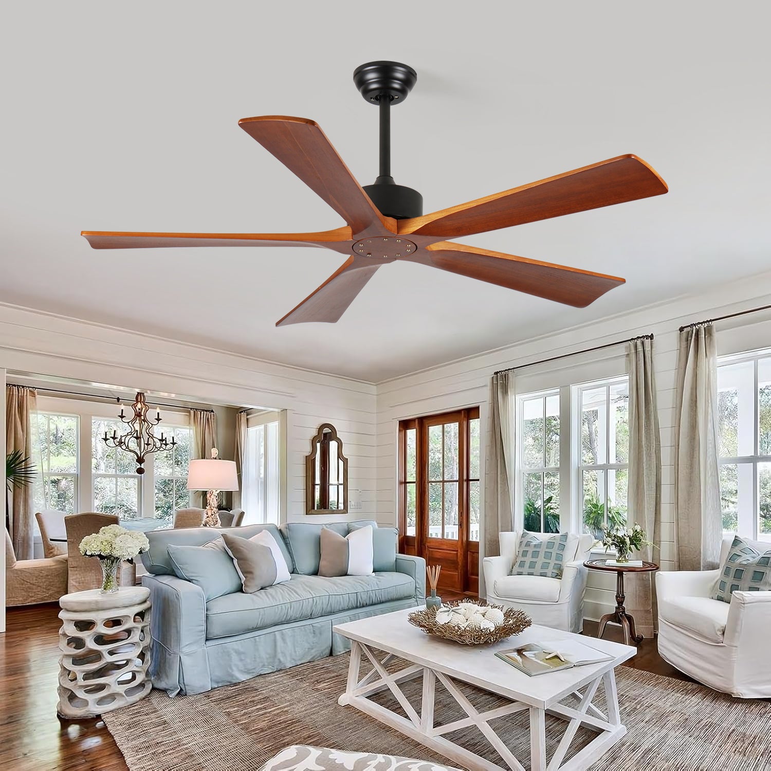 60 Inch Ceiling Fans and Remote, Wood Indoor Outdoor Ceiling Fan with Light for Patios Living Room Bedroom 5 Blades DC Motor Mid Century Modern Wooden Fan