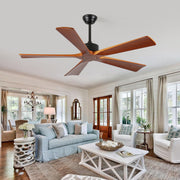 60 Inch Ceiling Fans and Remote, Wood Indoor Outdoor Ceiling Fan with Light for Patios Living Room Bedroom 5 Blades DC Motor Mid Century Modern Wooden Fan
