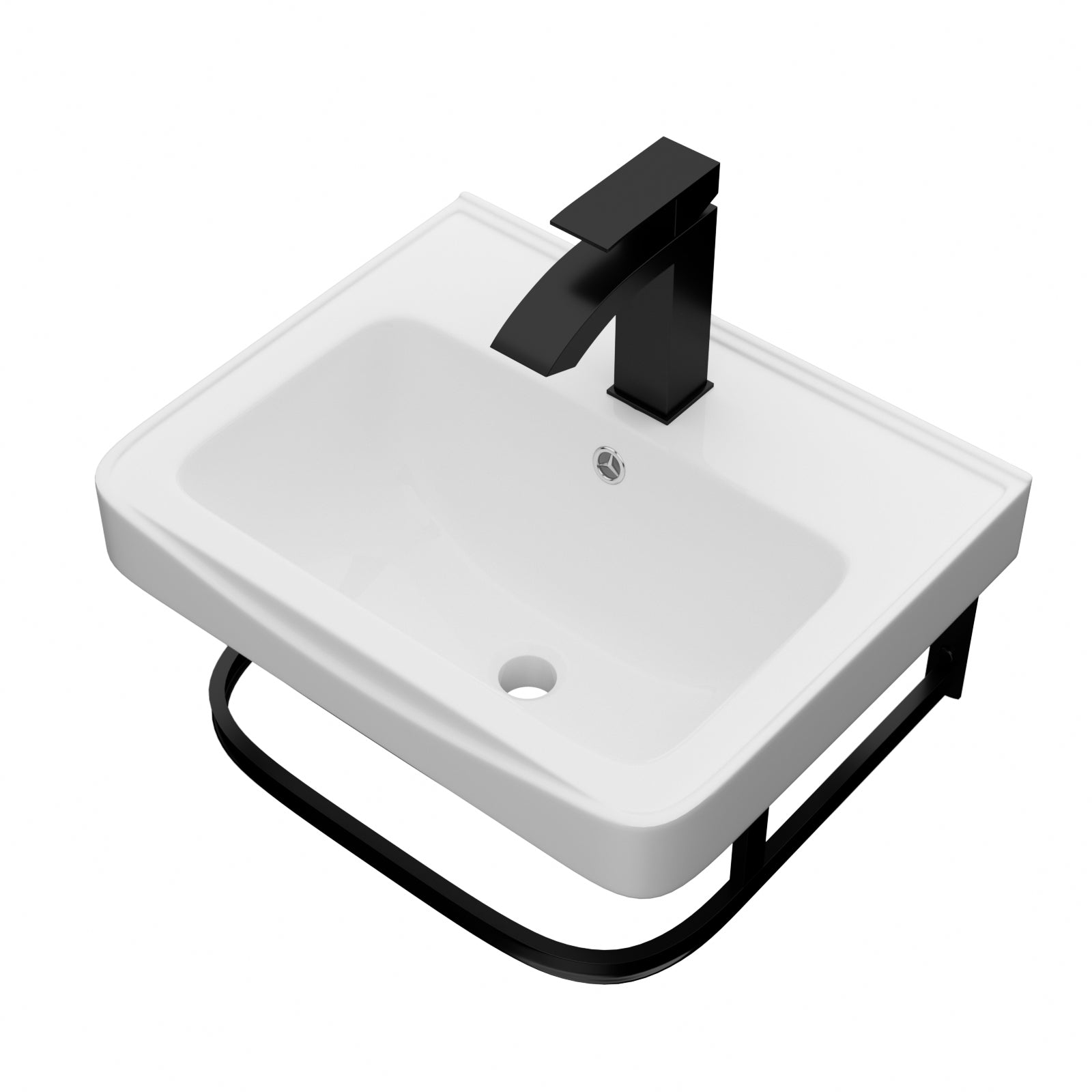 Modern Wall-Mounted Ceramic Bathroom Sink with Black Towel Bar & Overflow in White and Black, 17x14 Inches