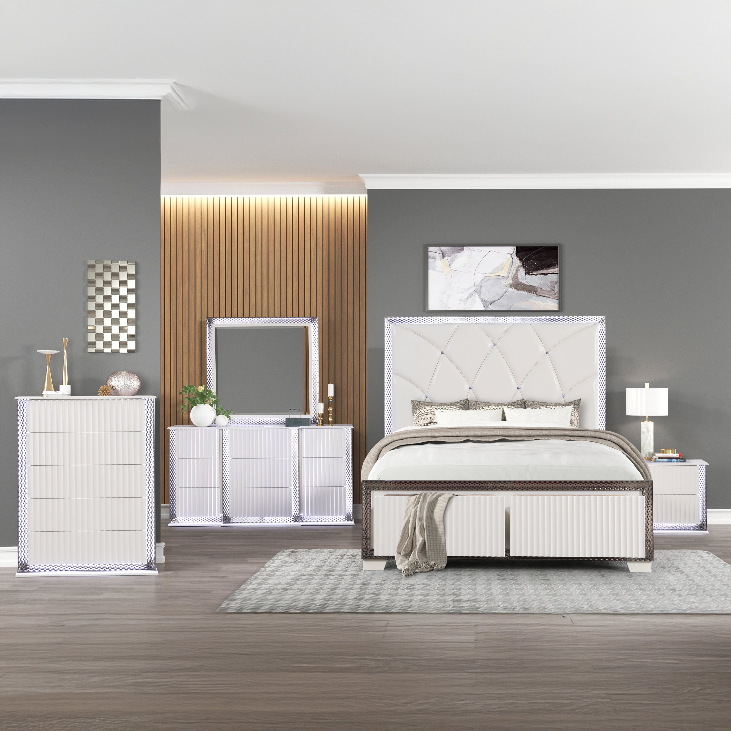 Fabio Contemporary Style King 5PC Bedroom set Made with Diamond-Shaped Side Accents, LED Lighting and Wood in White Finish(NJ INVENTORY)