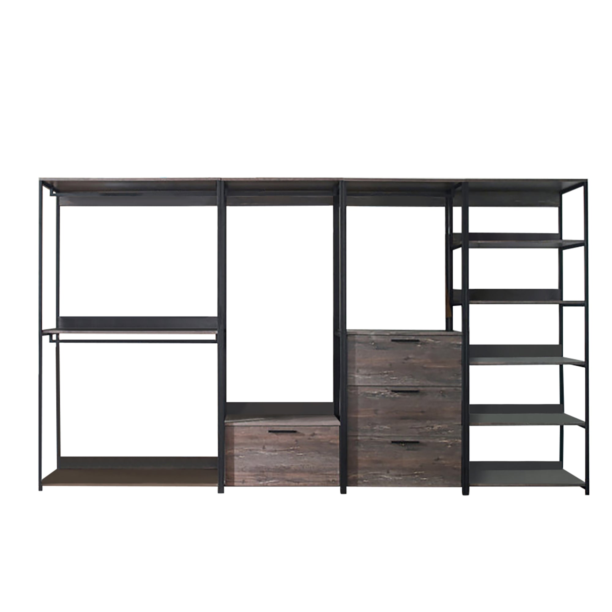 Monica Wood Walk-in Closet System with Powder Coated Metal Frame and Rustic Melamine Finish
