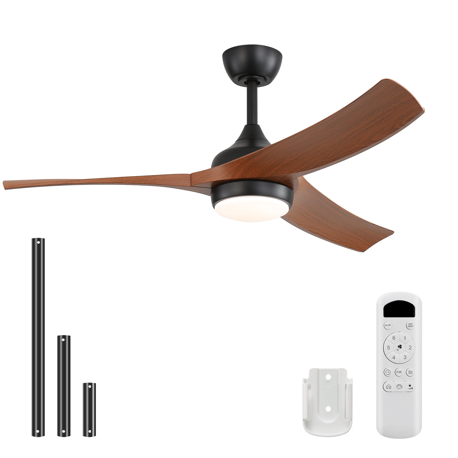 52 Inch Black Ceiling Fan with 3 Dark Wood Grain ABS Blades Remote Control Reversible Motor Dimmable Light and 1H/4H/8H Timer