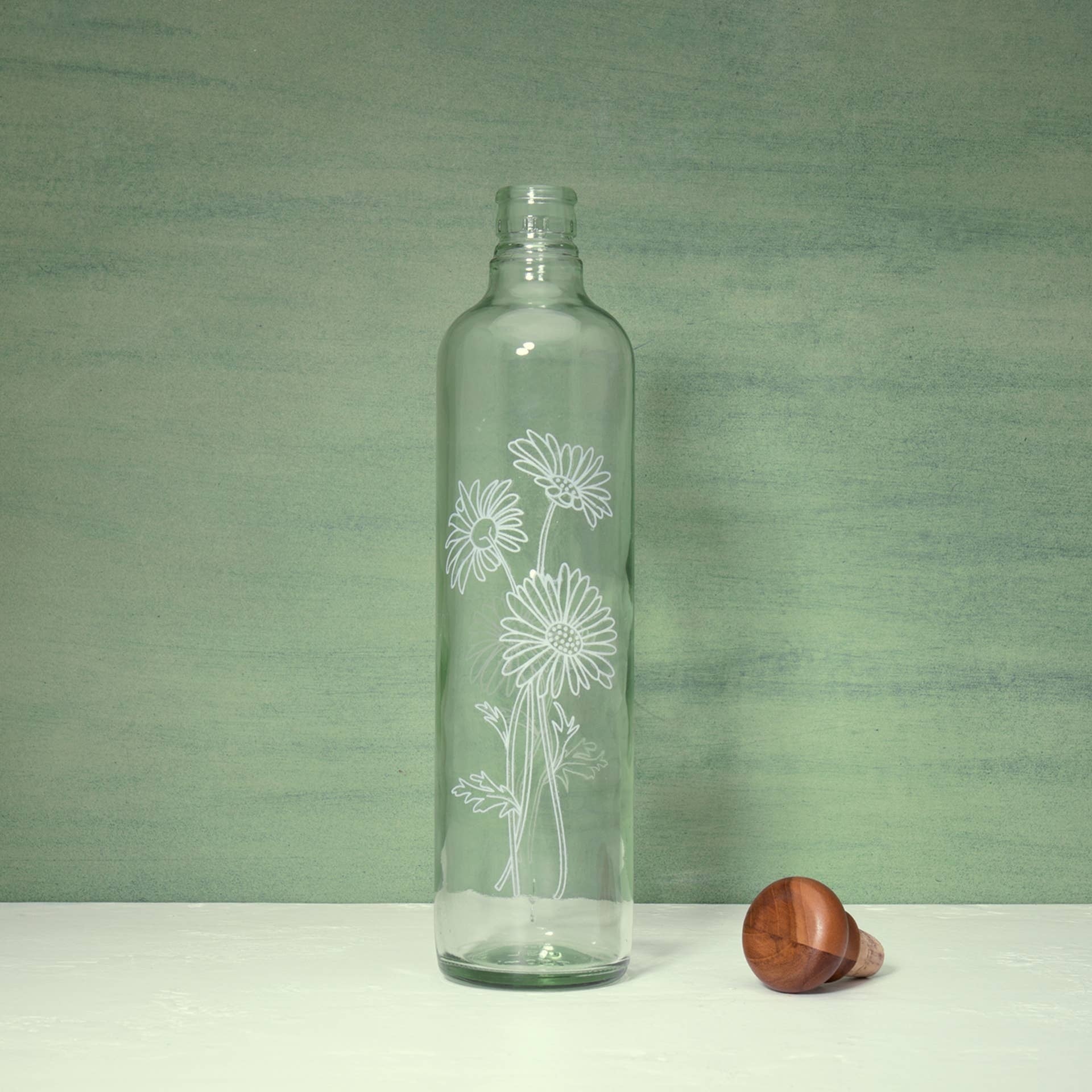 Daisy Glass Water Bottle with Wooden Stopper-750 ML
