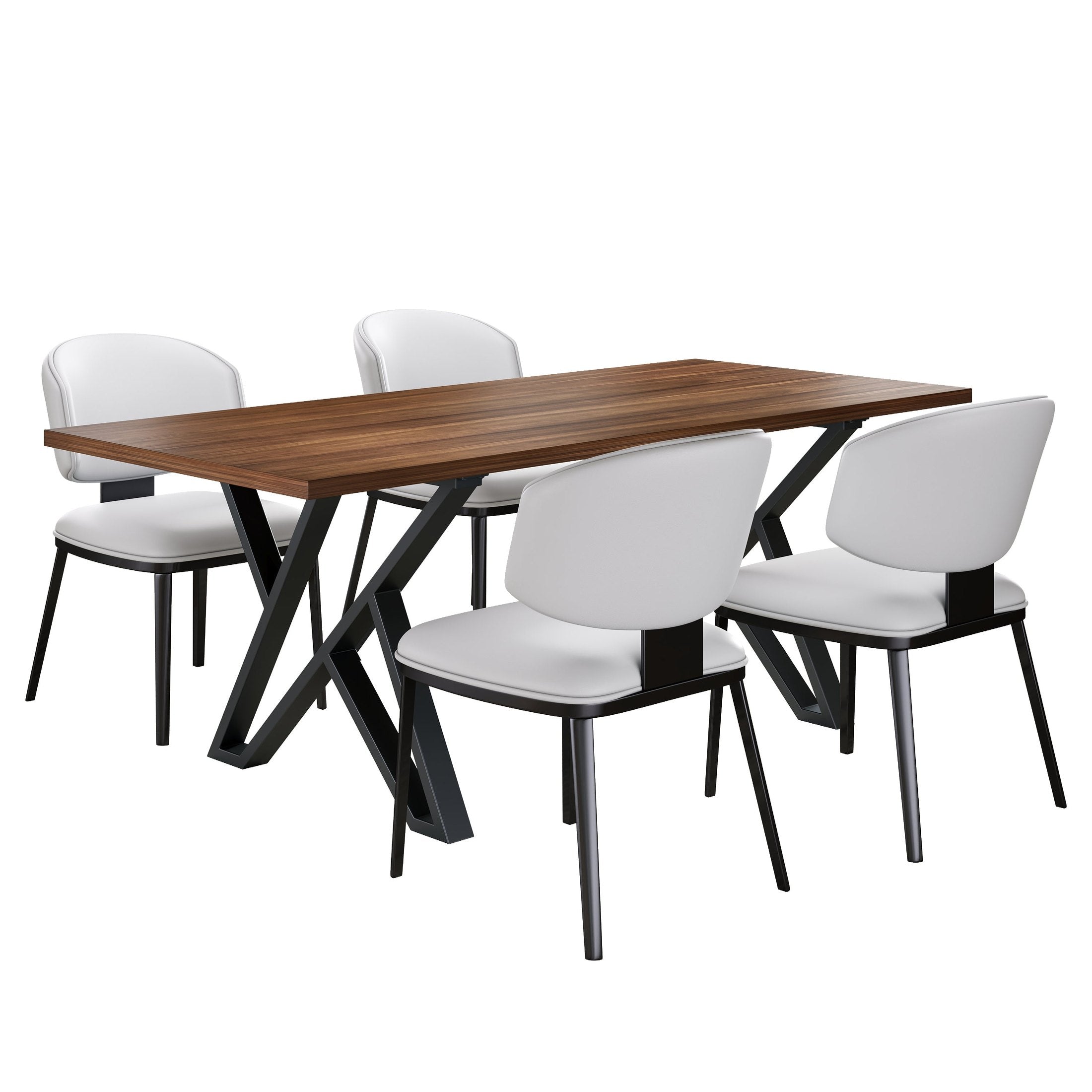 5 Pieces Modern Faux Leather and Metal Dining Set, White/Black/Walnut