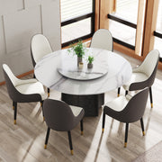 59.05' Round Marble Dining Table with Black Textured Solid Wood Base, Artificial Marble for 6-8 People, 31.5'White Artificial Stone Turntable,White (Dining Table Only)