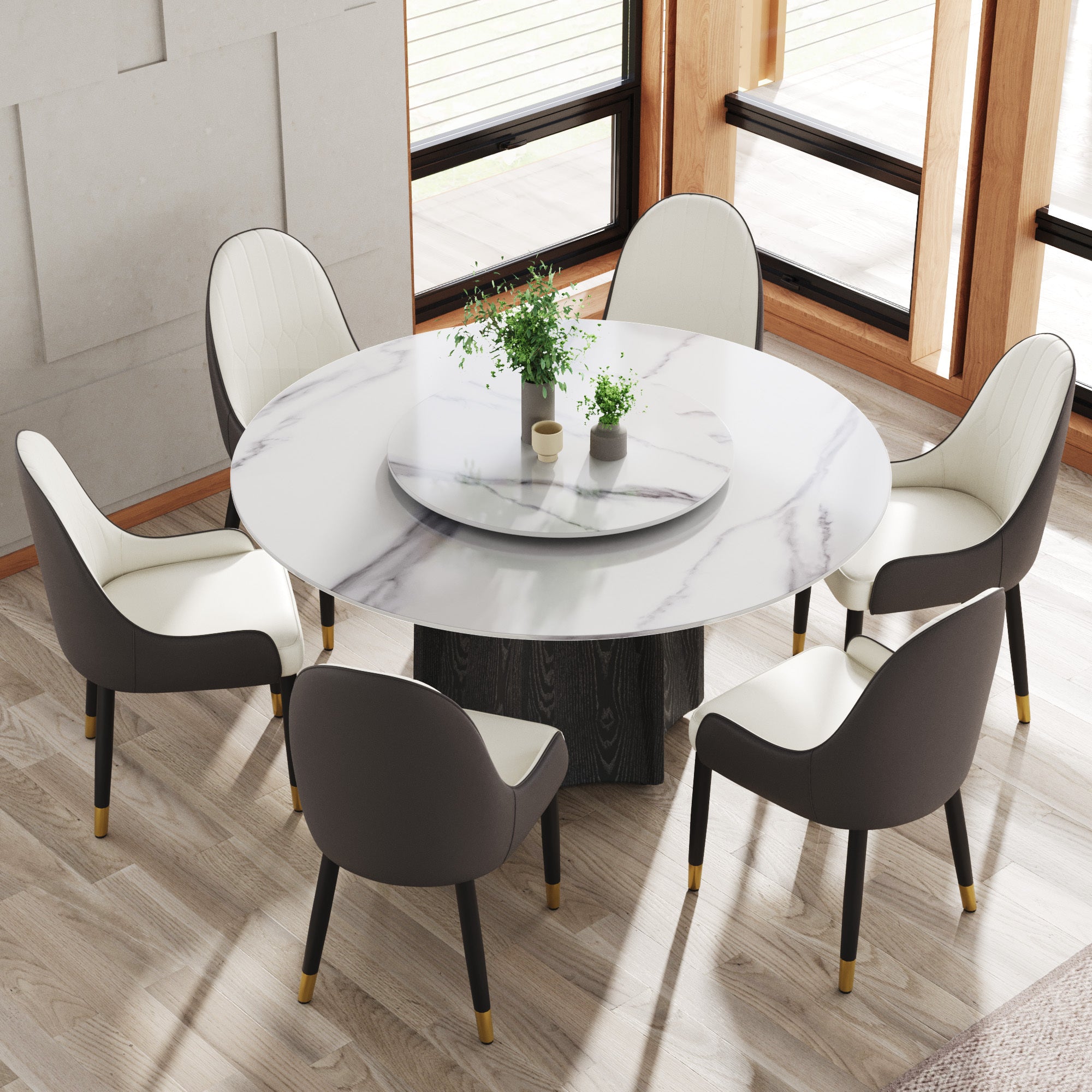 59.05' Round Marble Dining Table with Black Textured Solid Wood Base, Artificial Marble for 6-8 People, 31.5'White Artificial Stone Turntable,White (Dining Table Only)