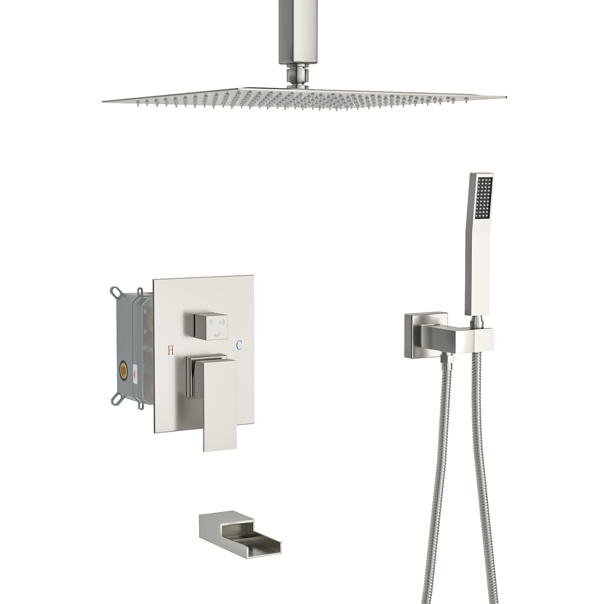 Modern Shower System with Waterfall Tub Spout, 12 Inch Ceiling Mount Square Shower, Brushed Nickel Finish