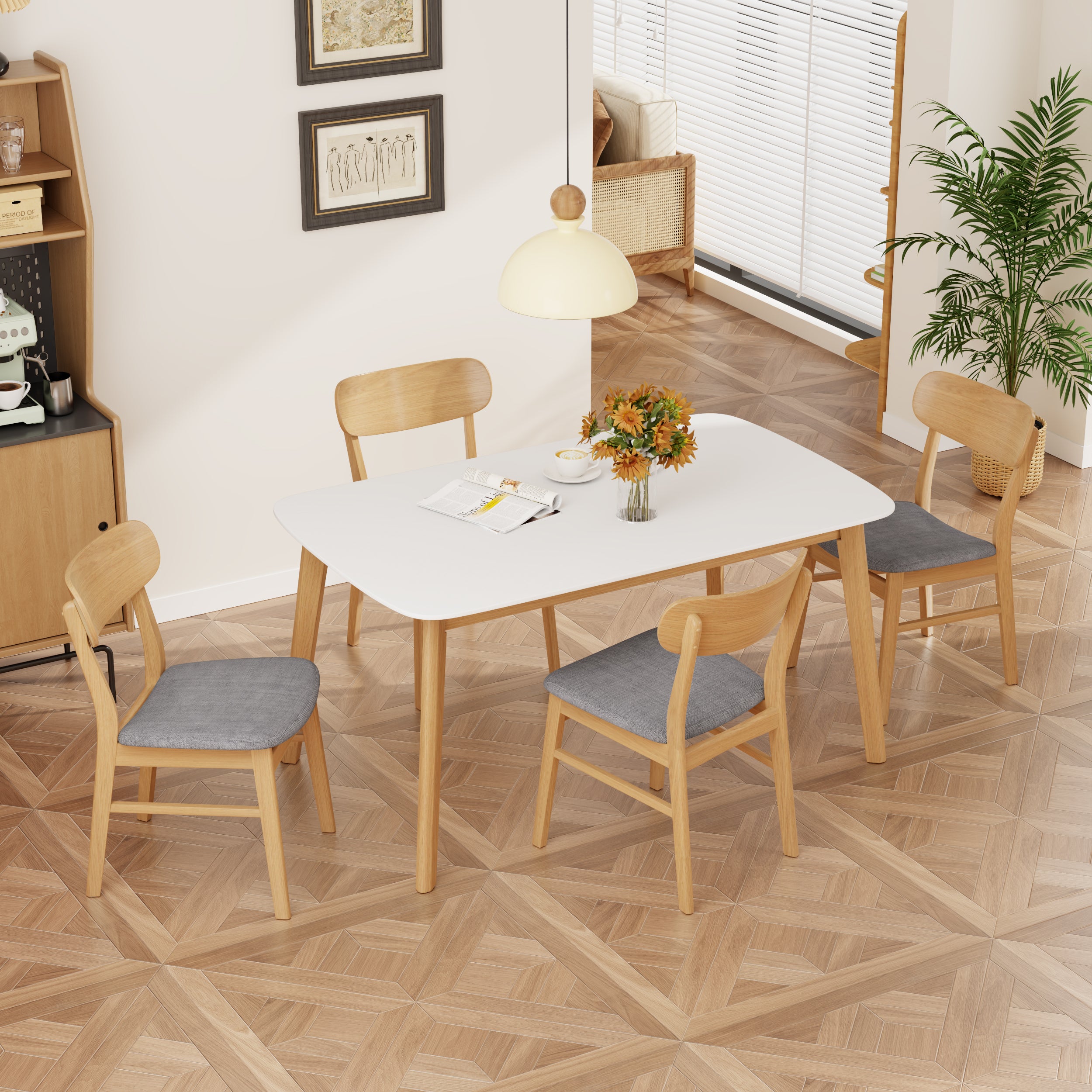 5-Piece Dining Table Set with One Solid Wood Frame Table and 4 Upholstered Solid Wood Chairs for Dining Room (White Oak+Dark Grey)