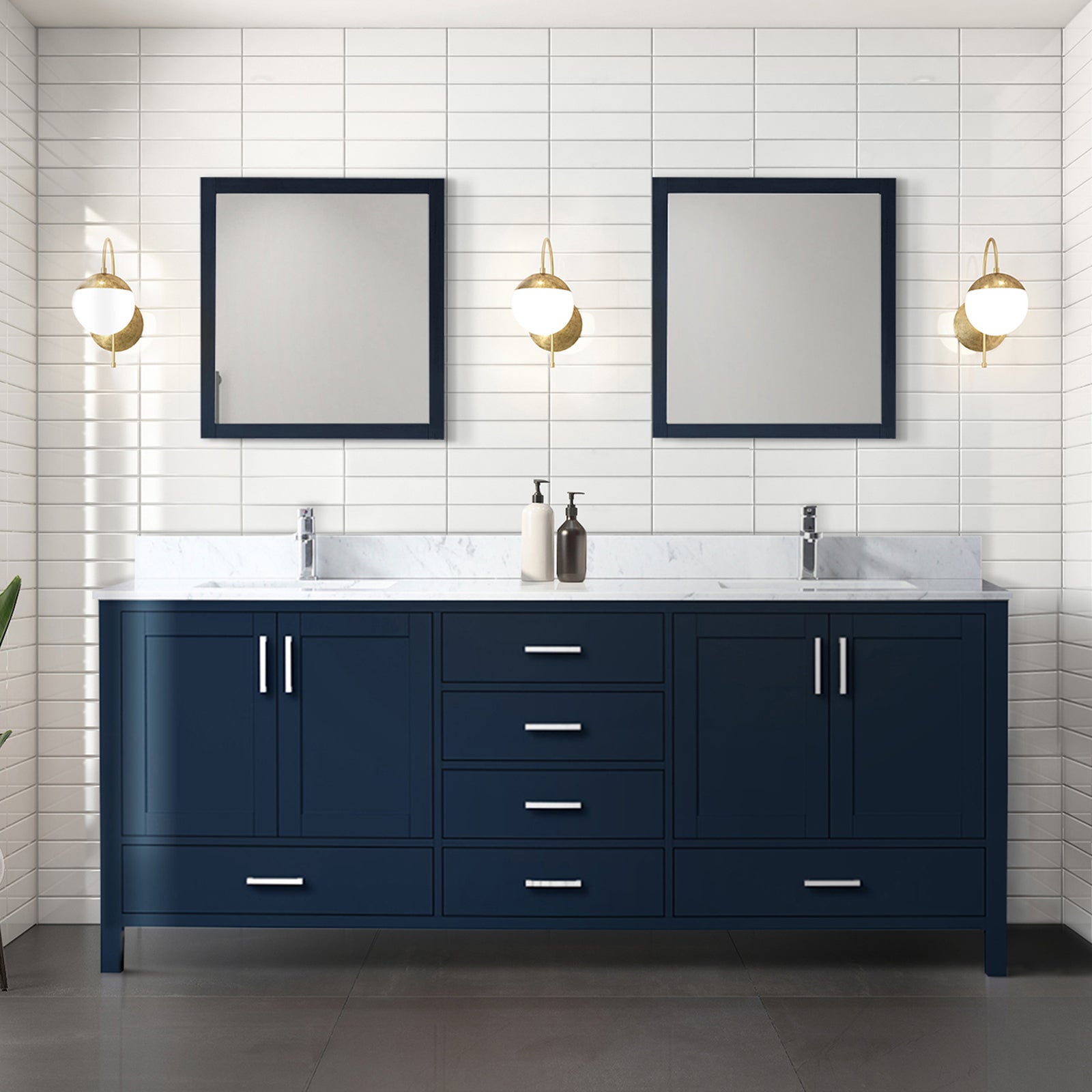 Navy Blue Double Bath Vanity 80 in. W x 22 in. D, Carrara Marble Top, and Faucet Set