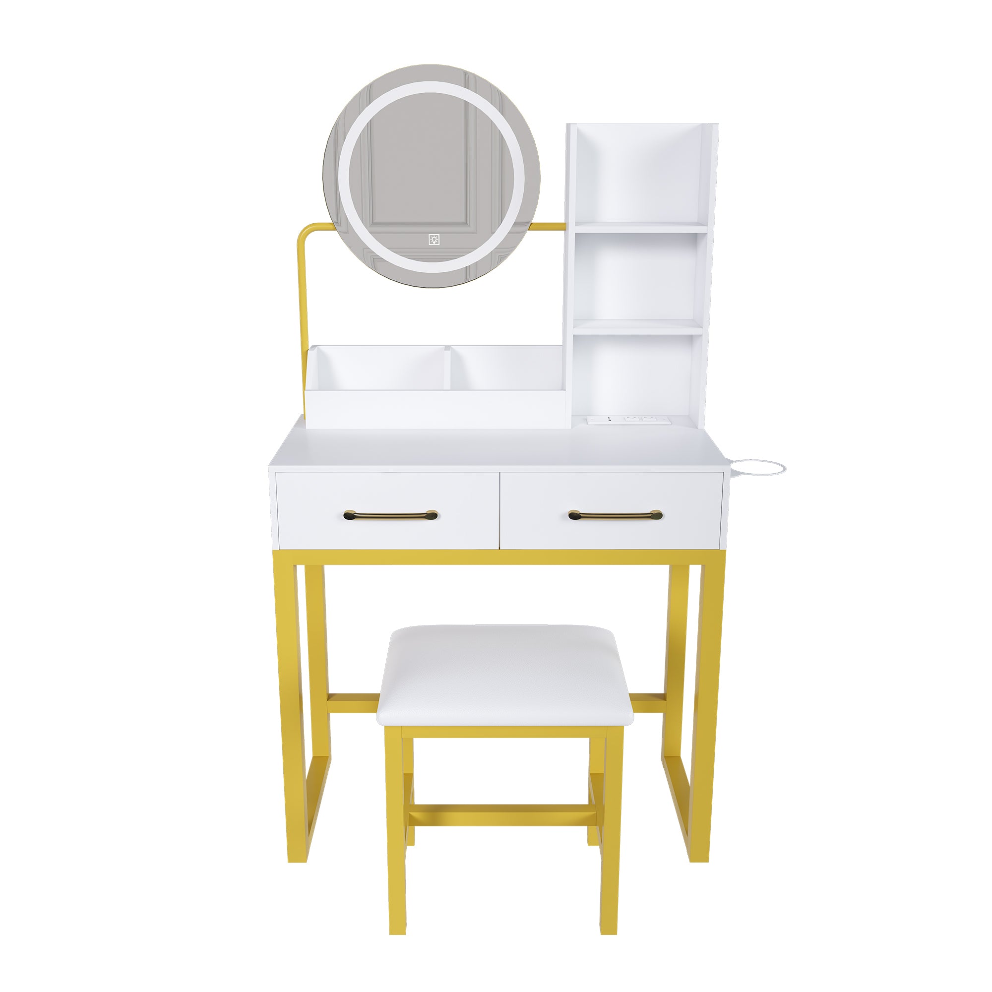 Modern Makeup Vanity Table with LED Lights, Power Outlet, and Metal Chair in White Finish