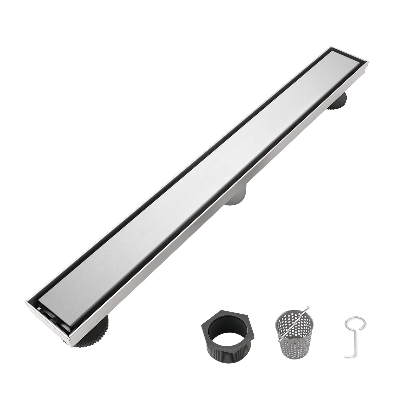 24 Inch Linear Shower Drain with Removable Cover, 304 Stainless Steel Shower Floor Drain with Hair Strainer and Leveling Feet