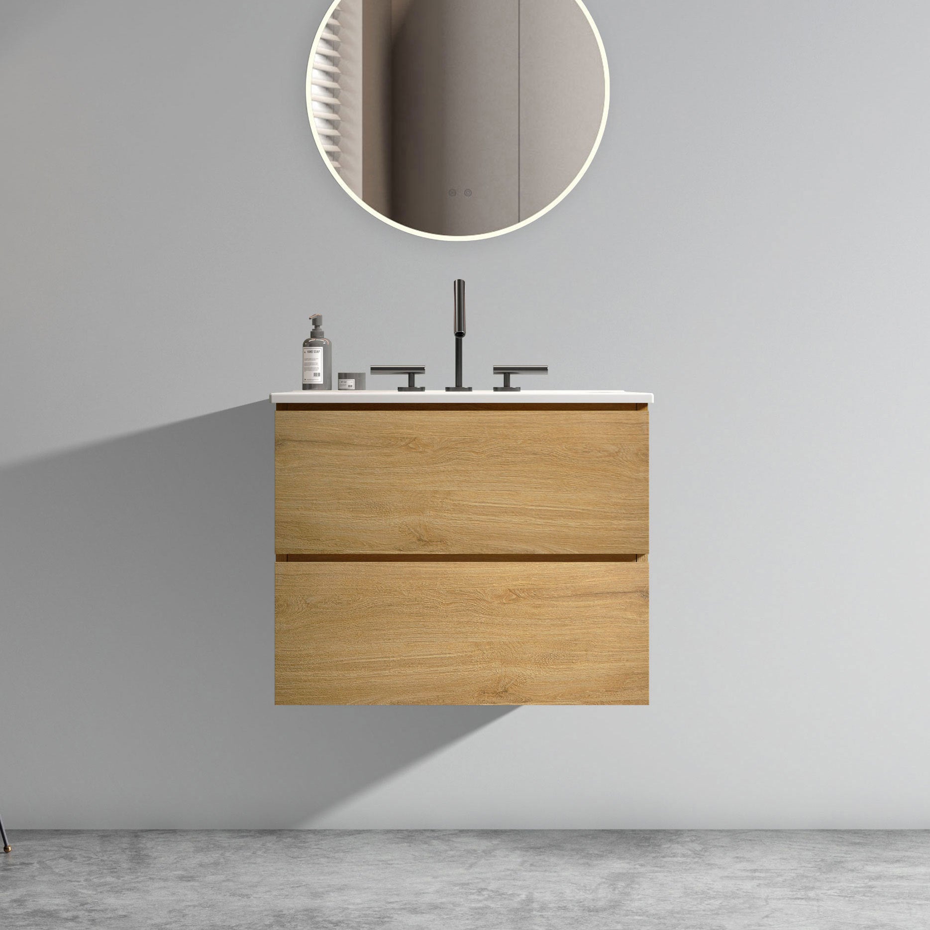Wall Mount 24' Natural Oak Bathroom Vanity with Ceramic Sink with three faucet holes, Large Storage Floating Bathroom Vanity for Modern Bathroom, One-Piece Sink Basin without Drain, Pre-assembled