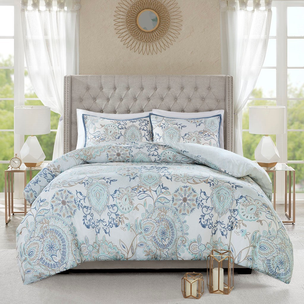 Full/Queen 3 Piece Cotton Floral Printed Reversible Duvet Cover Set