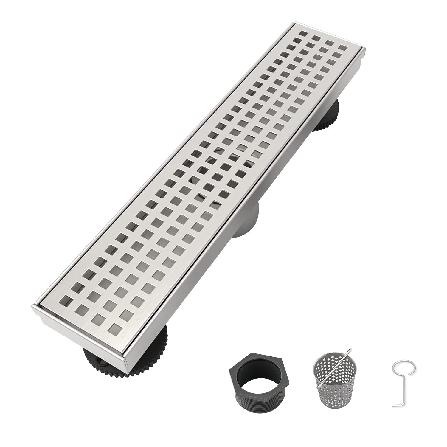 12 Inch Linear Shower Drain with Removable Quadrato Pattern Grate Cover, 304 Stainless Steel Shower Floor Drain with Hair Strainer and Leveling Feet